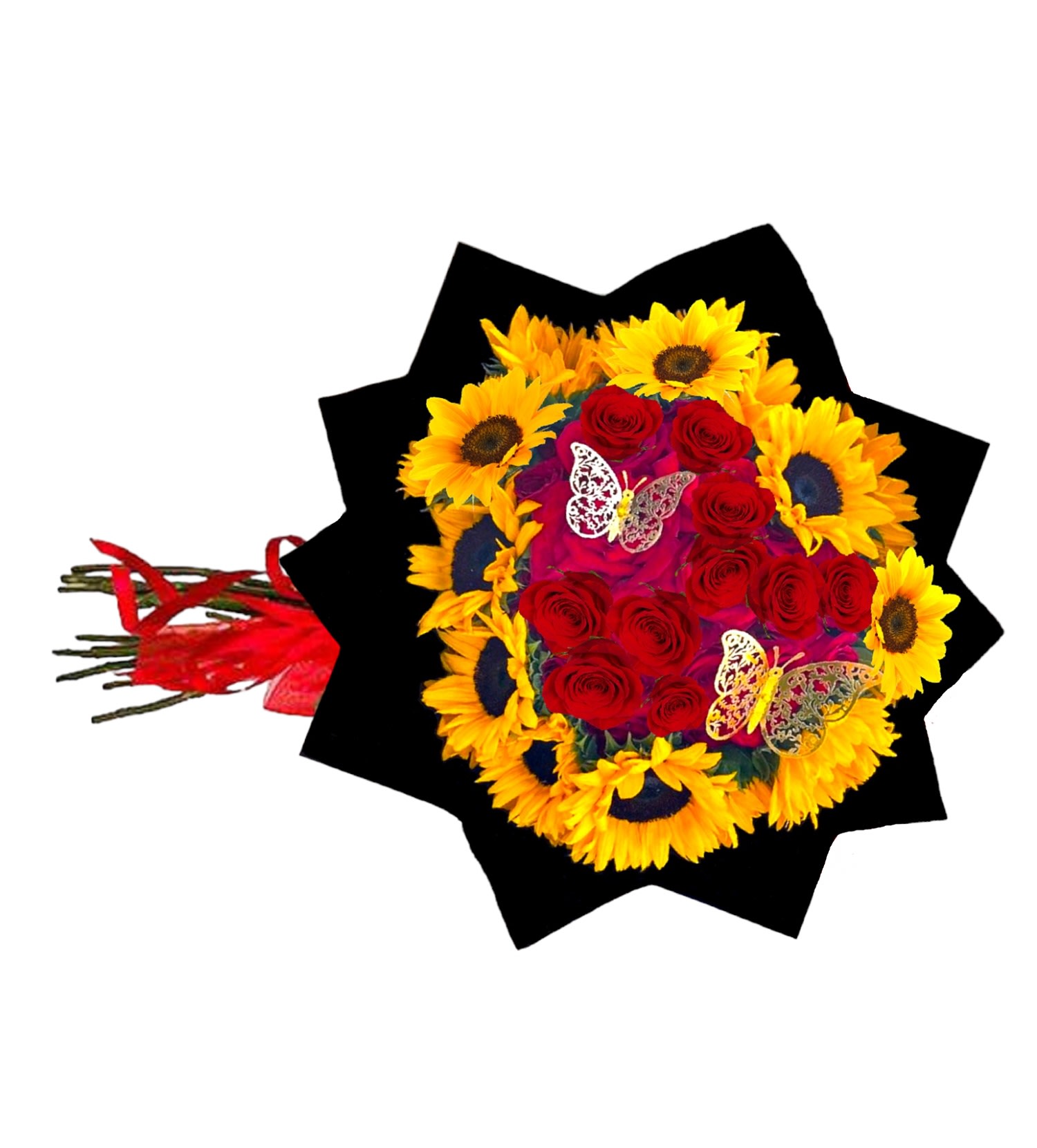 Bouquet of red roses and yellow sunflowers with butterfly accents