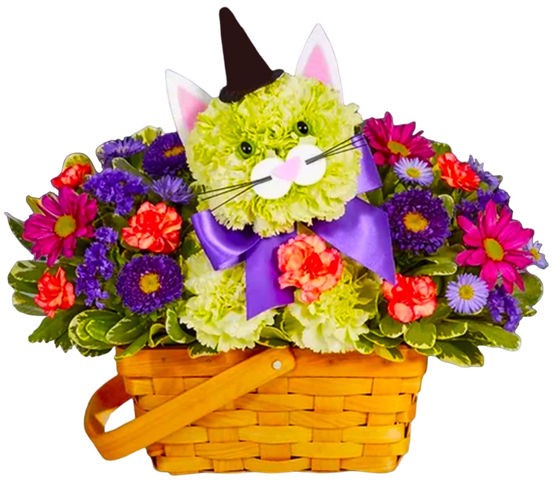 Cat-shaped flower basket with purple ribbon and a witch hat