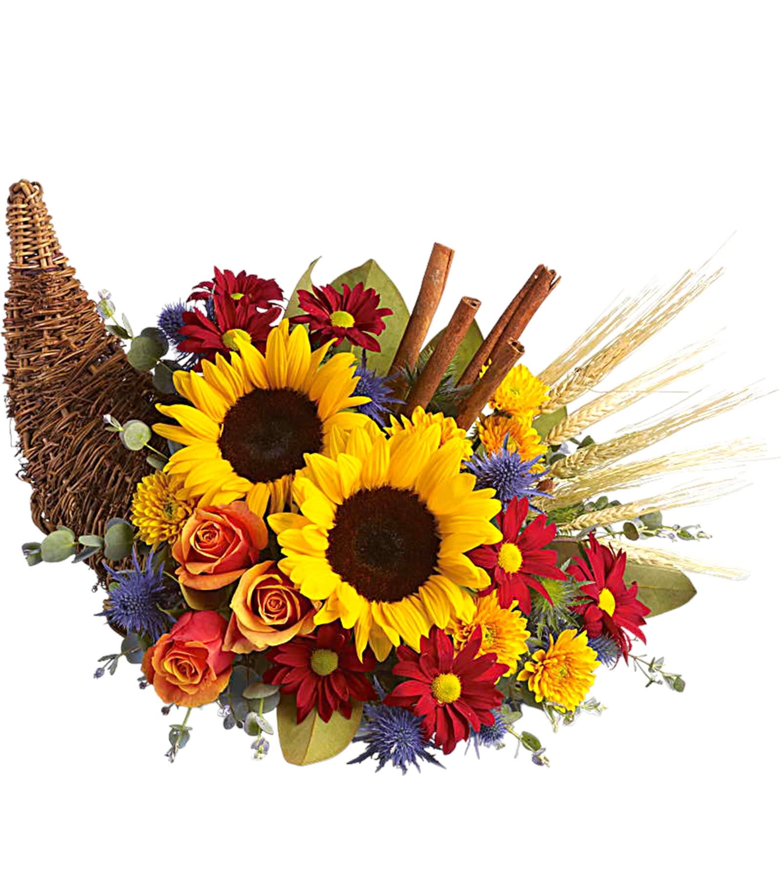 Sunflowers and mixed flowers arranged in a wicker cornucopia basket