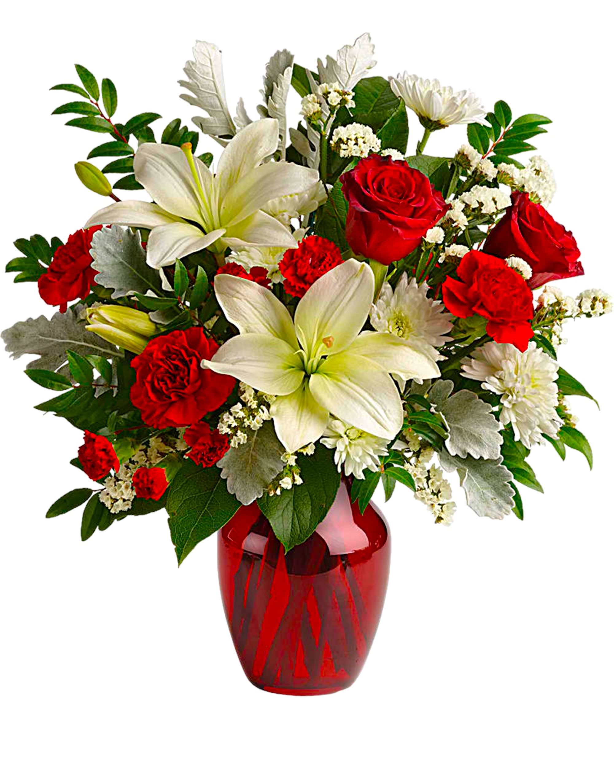 Red roses and white lilies in a red glass vase