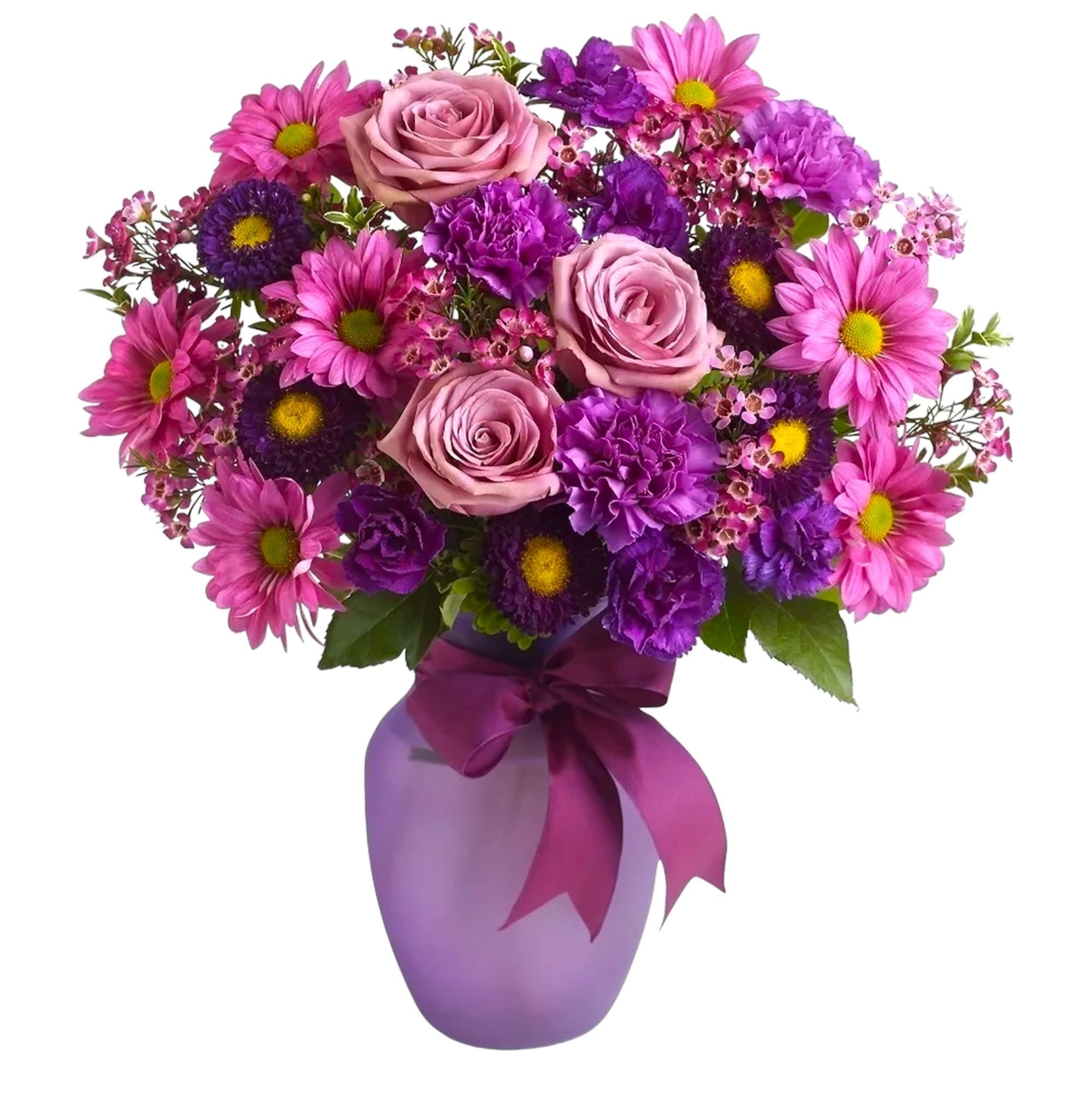Pink and purple bouquet in a lavender vase with a ribbon