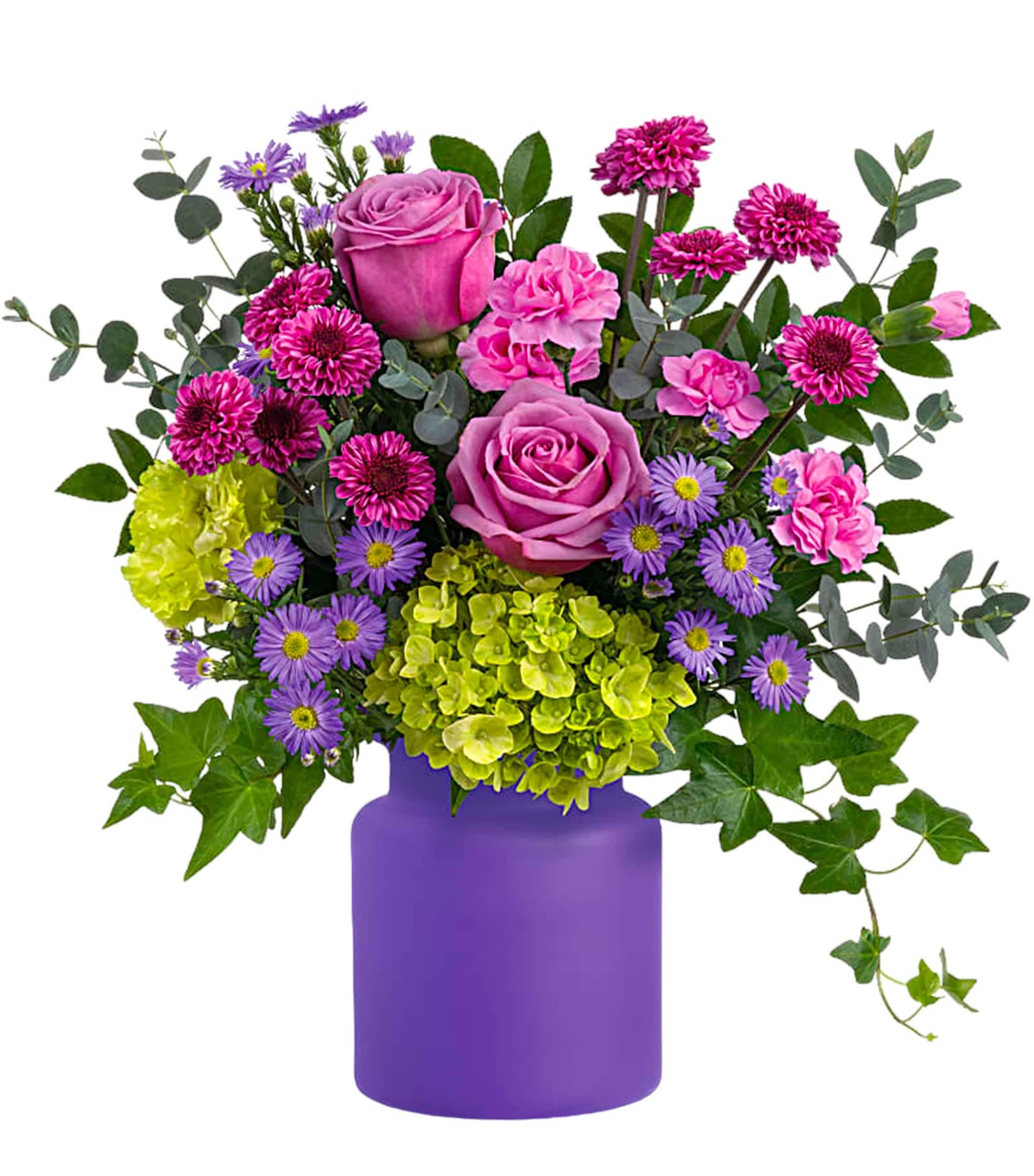 Pink and purple flower arrangement in a purple vase