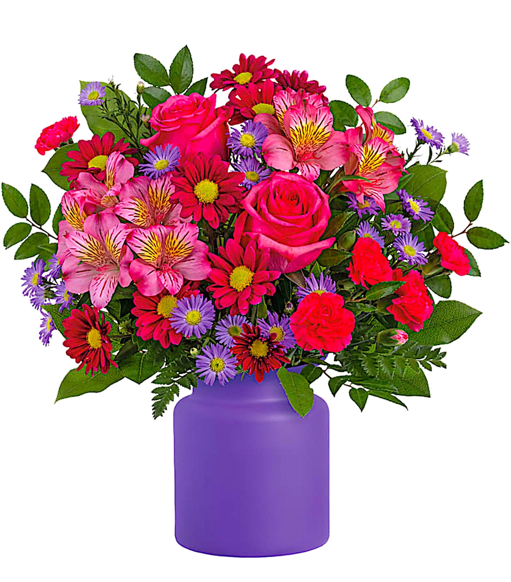 Mixed pink and purple flowers in a purple vase