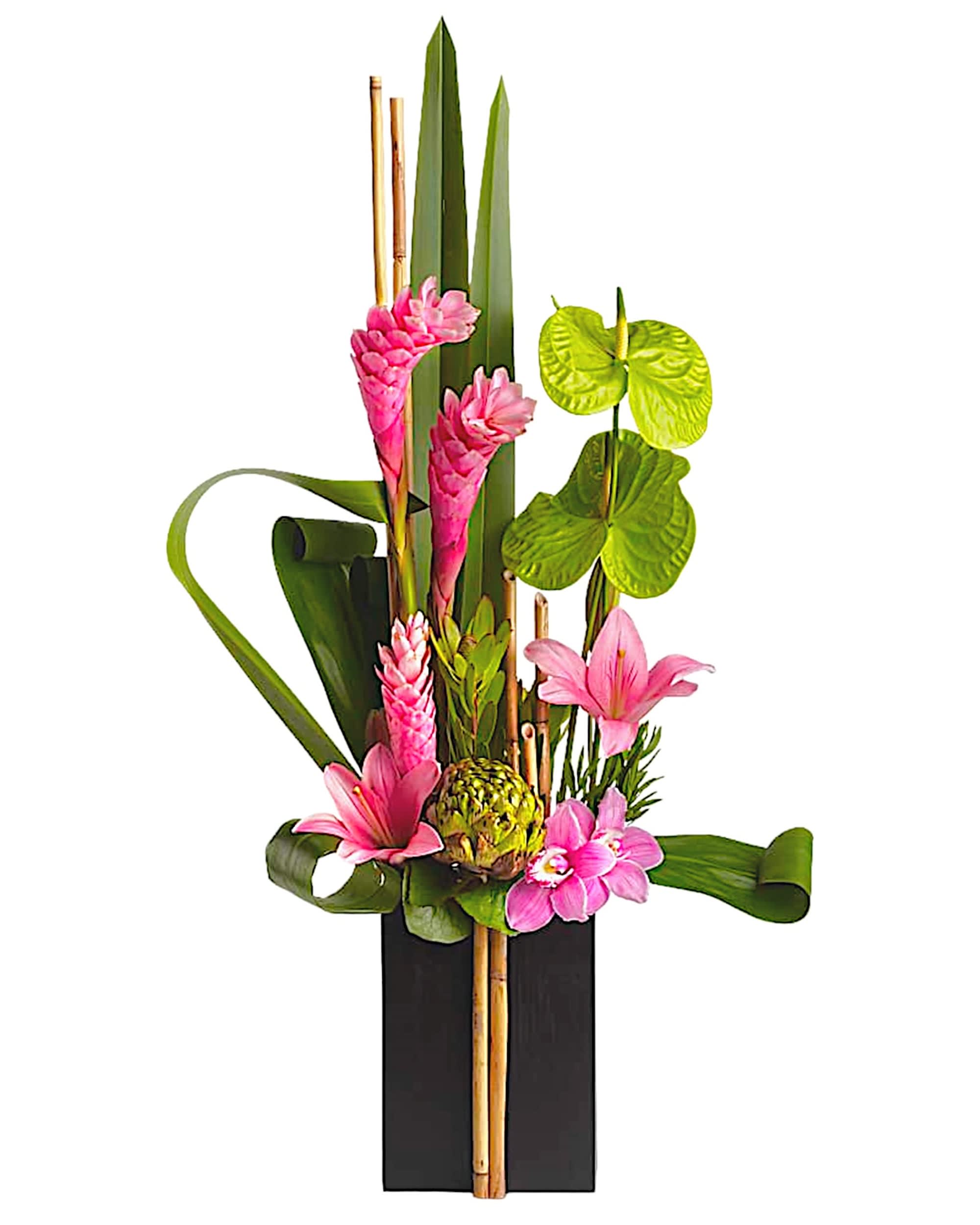 Pink tropical flowers arranged in a tall black vase with bamboo accents