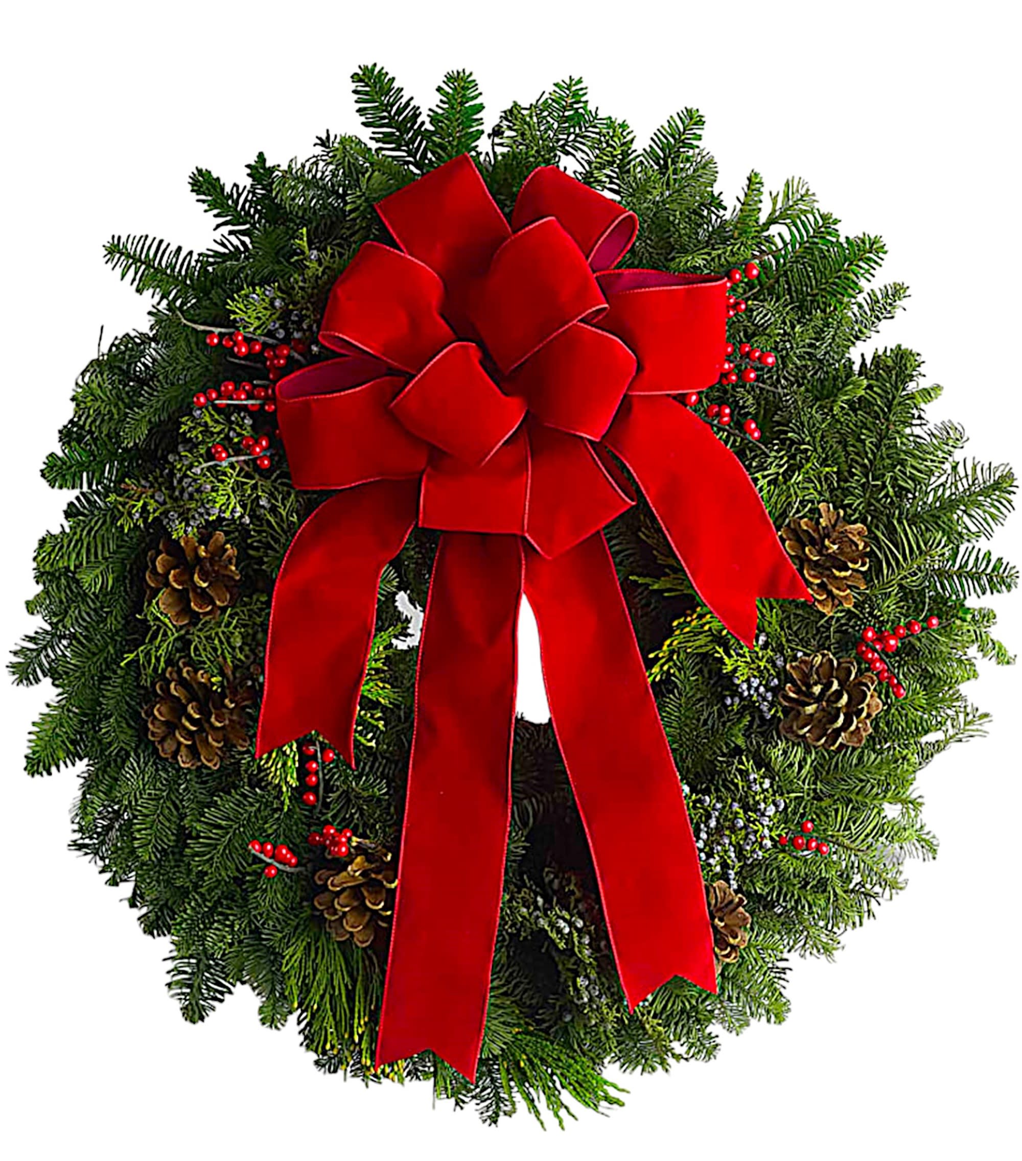 Christmas wreath with a red bow, pinecones, and red berries