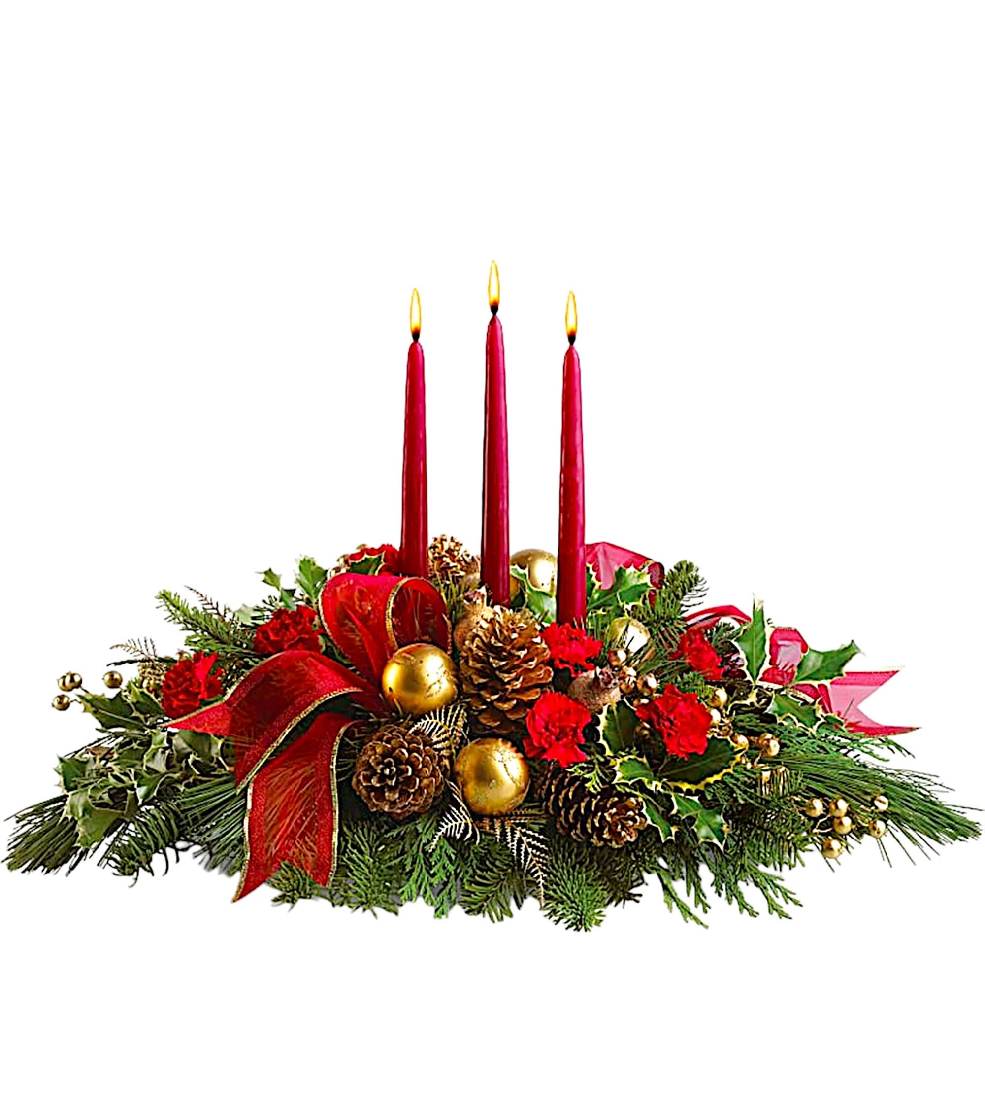 Christmas centerpiece with red candles, pinecones, and ribbon