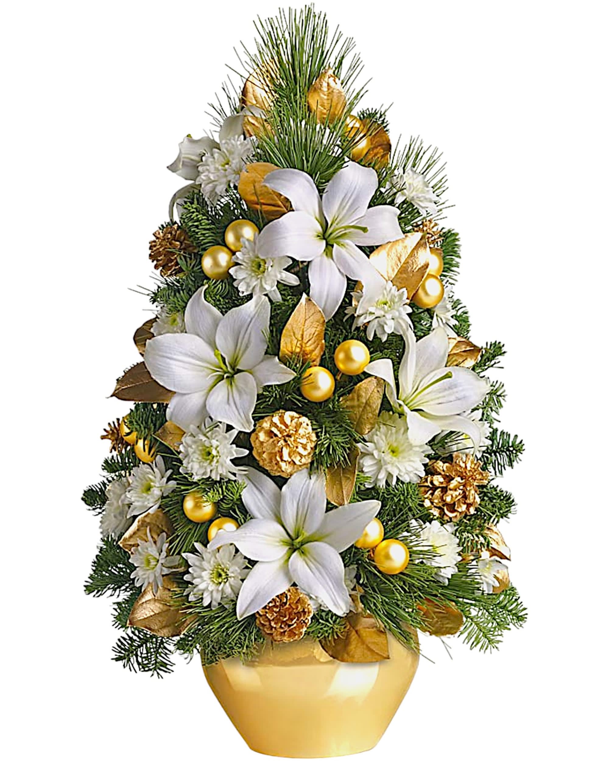 White lilies and gold ornaments arranged in a gold vase