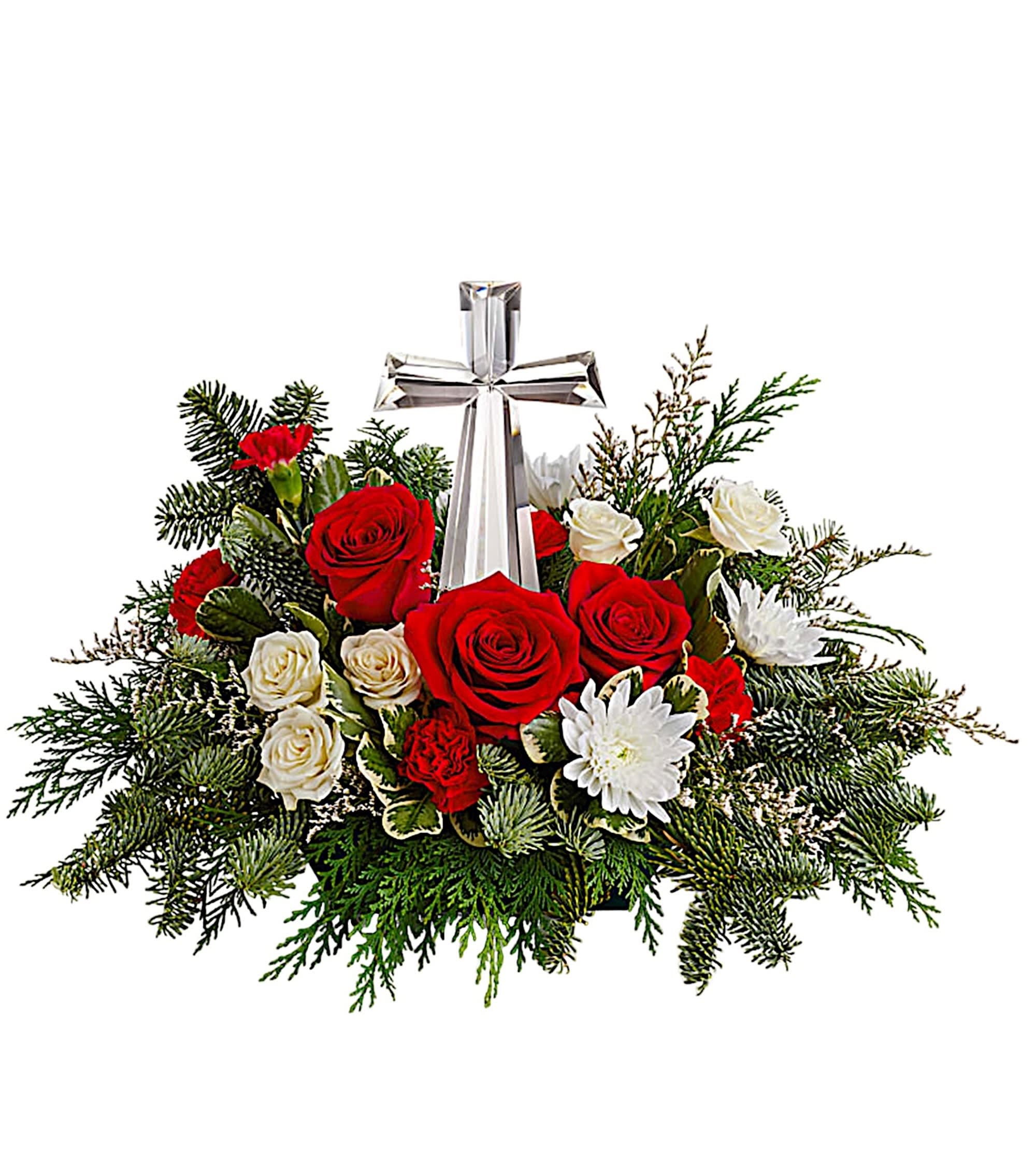 Red and white rose arrangement with a silver cross centerpiece