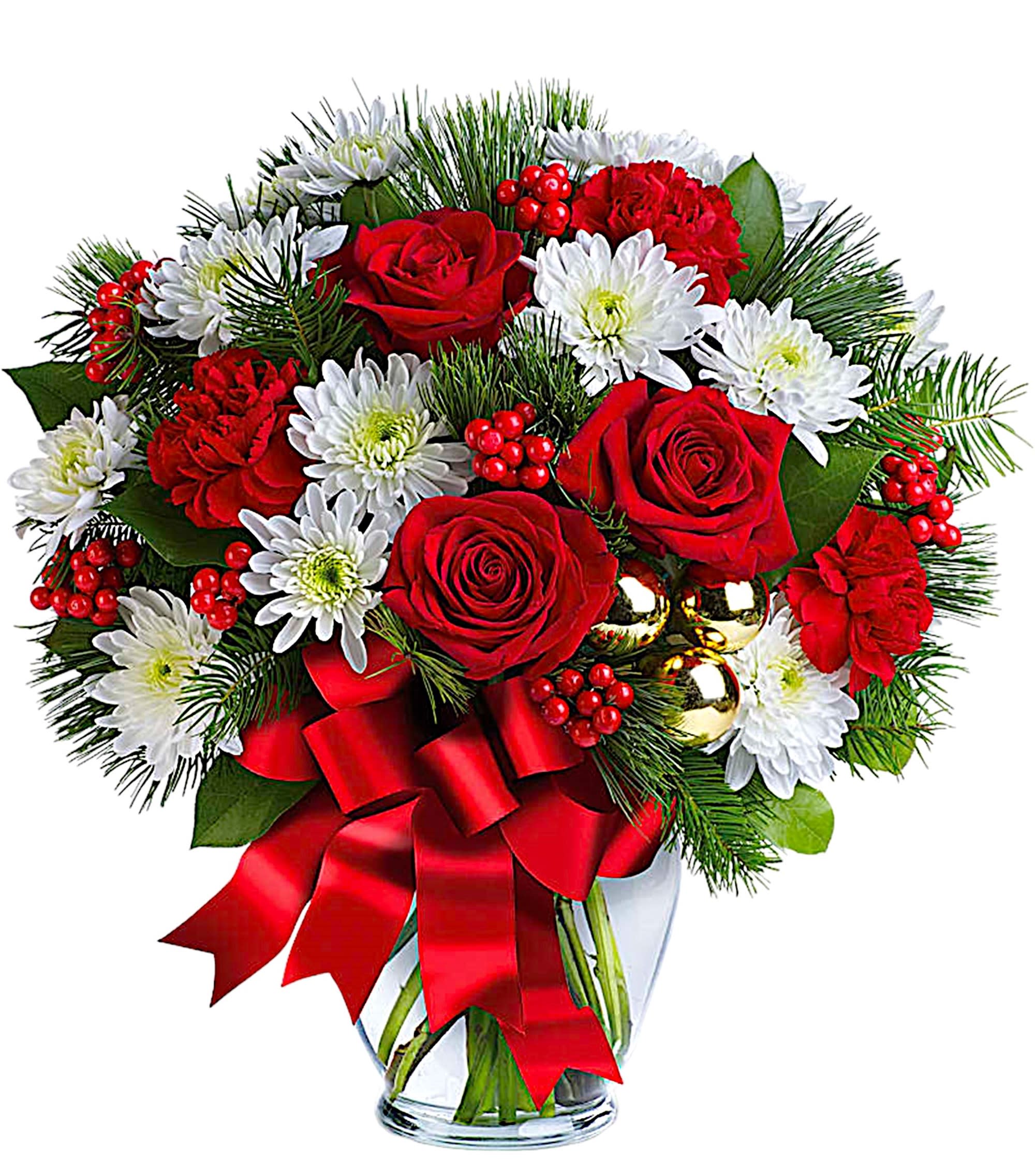 Red roses and white daisies in a glass vase with a red ribbon