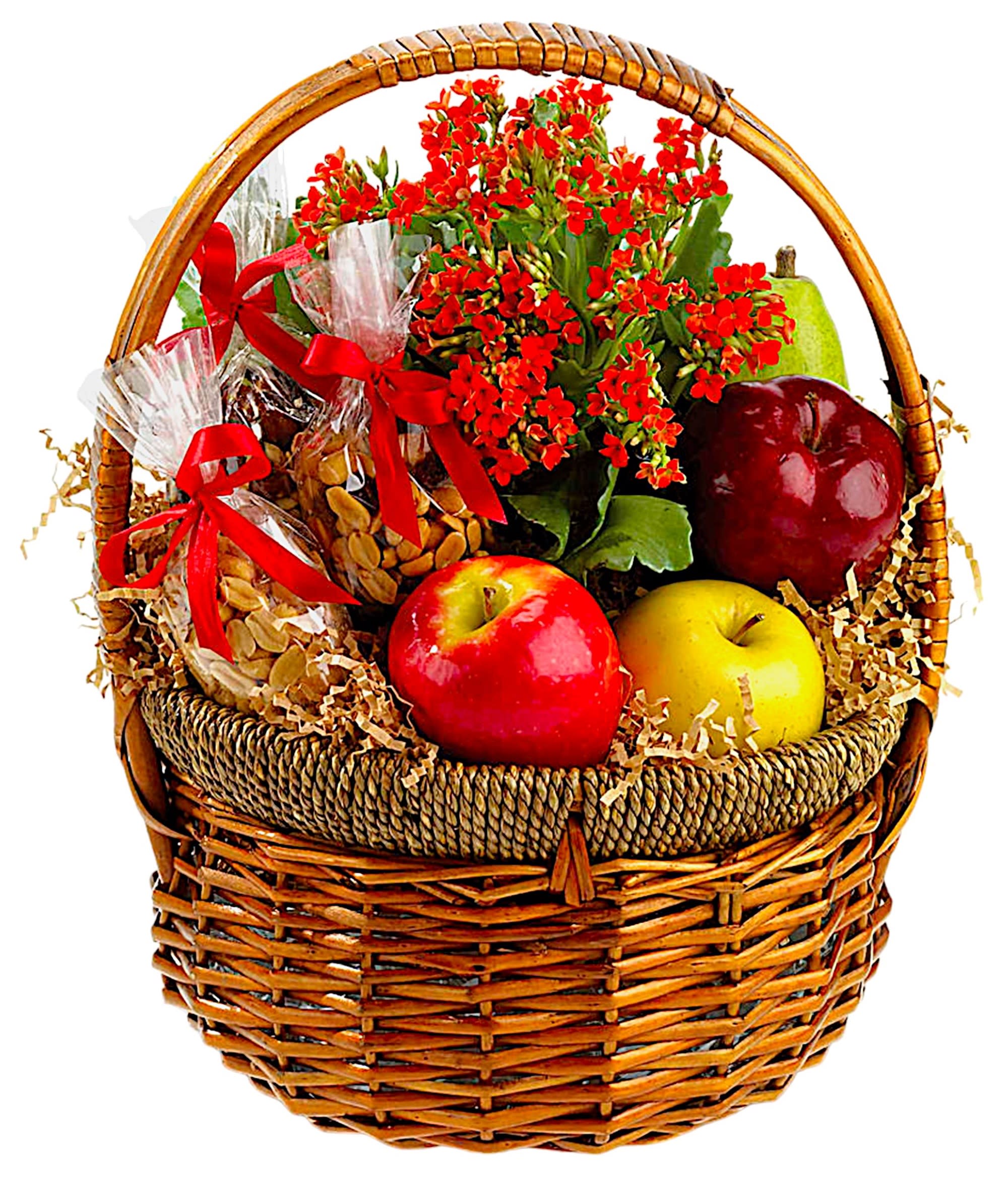 Basket of red flowers with fruit and wrapped snacks