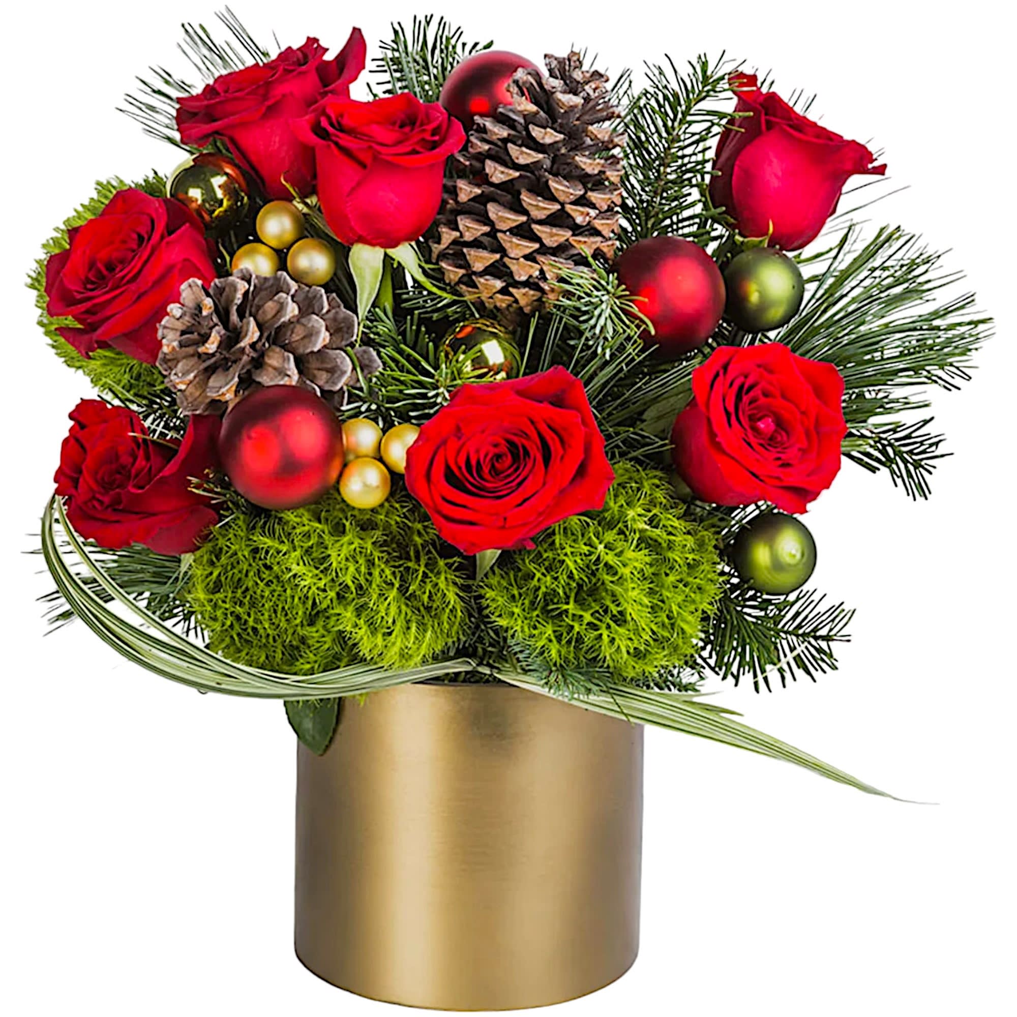 Rudolph’s Light By BloomNation™ - Make them merry with this sweet arrangement! Send a ray of shining light to a loved one this Christmas season. Red roses and festive Christmas ornaments are beautifully presented in our gold painted glass cylinder vase.  Red roses and Christmas ornaments are accented with pinecones and assorted greens.  DETAILS CYLINDER VASE INCLUDED  Item #NFCH-01  FLORIST-TO-DOOR  Orientation: All-Around  BLOOM DETAILS Roses Greenery  The Standard Arrangement is approximately 12 1/2" H x 11 1/2" W. The Deluxe Arrangement is approximately 13 1/2" H x 13 1/2" W. The Premium Arrangement is approximately 13 1/2" H x 14" W.  Designed by our award-winning florist designers.  HOW TO CARE FOR YOUR FLOWERS 1. Keep in a location without direct sunlight and away from extreme heat or cold. 2. Add water regularly if the floral foam feels dry and mix in the flower food packet provided. 3. As flowers/foliage wilt, remove &amp; discard  Please Note: The arrangement pictured reflects an original design for this product. While we always do our best to follow the original flower recipe, the exact flower or container is sometimes unavailable. We may replace items of equal or greater value to deliver the freshest flowers possible while keeping the style &amp; color palette. We assure you that we will create a beautiful, fresh flower arrangement with only the best quality flowers to keep you as a loyal customer.  How to place an order? We have several options. 1. You can place an order directly on this secure website... OR 2. You can call in your order by dialing: (323) 262 - 9238... OR 3. You can visit our store (appointment recommended 323.262.9238)  NINFA'S FLOWERS 2405 WHITTIER BLVD. LOS ANGELES, CA. 90023  ATTENTION: *Please note that on busy holidays, Valentine's Day, and Mother's Day, we cannot verify if the recipient received the flowers until the following day because our drivers don't turn in their signature delivery tablets until the following day. You can verify delivery on the website after 10:00 pm, call 323.262.9238 the following day after 10:00 am, or contact the recipient directly if you haven't received a call from them. Thank you for your patience and understanding.