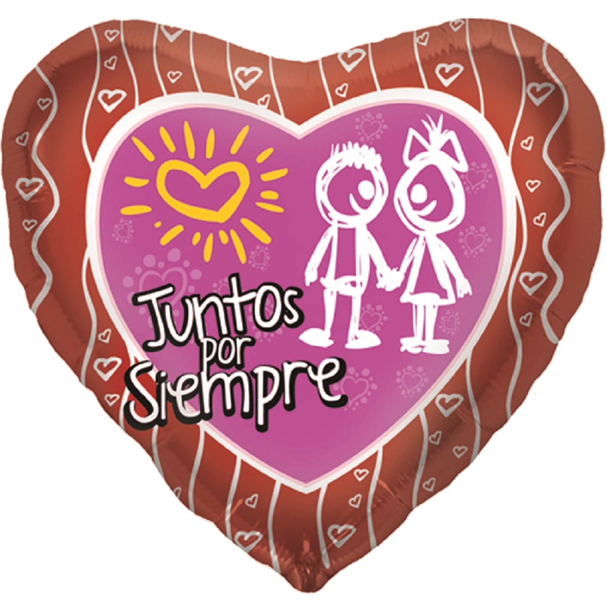 Heart-shaped foil balloon with a couple illustration and Spanish text