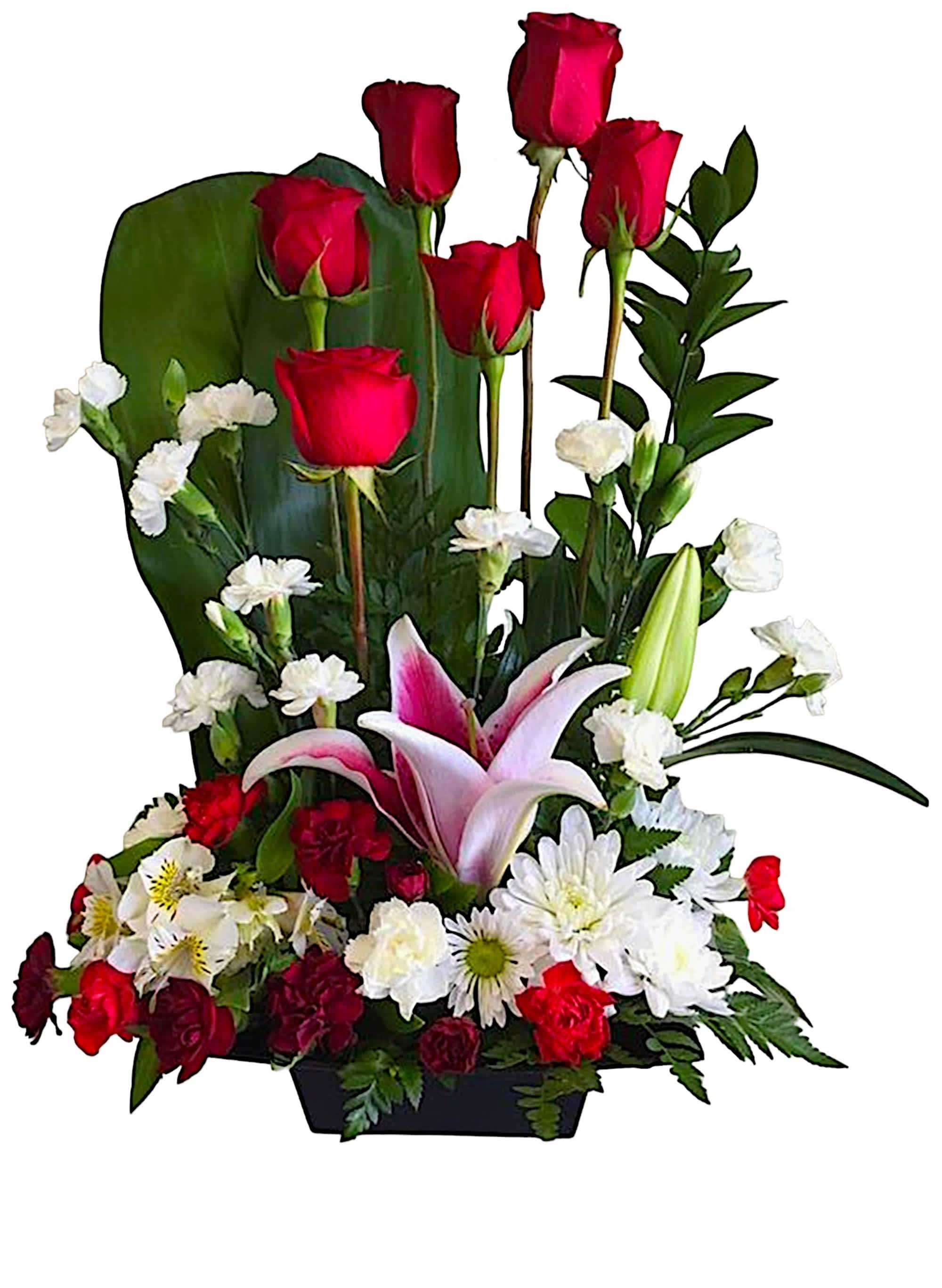 Tall floral arrangement with red roses, pink lilies, and white daisies in a black container