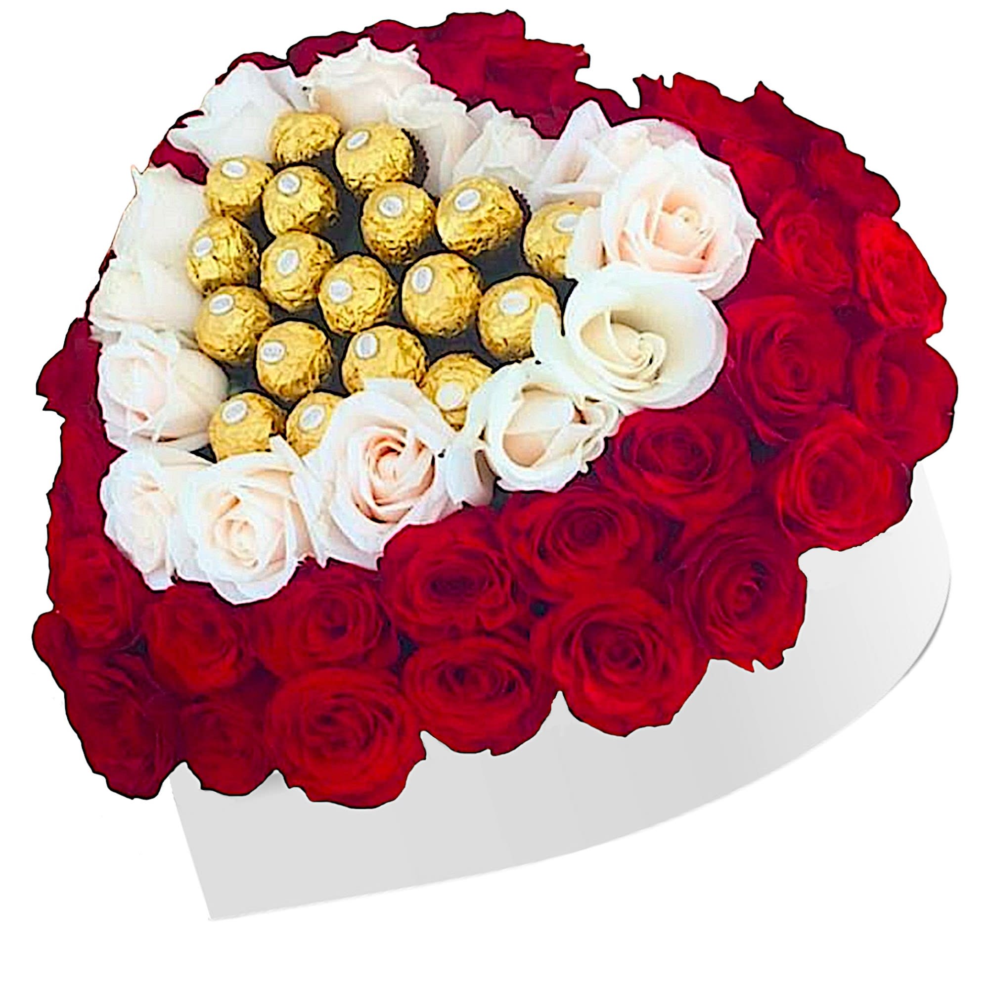 Heart-shaped bouquet of red and white roses with gold chocolates in the center