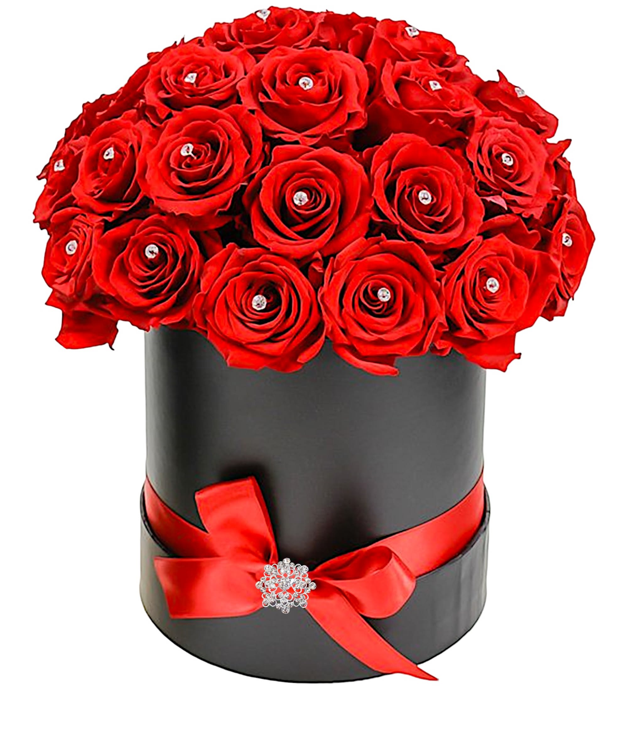 Red roses arranged in a black hatbox with a red ribbon