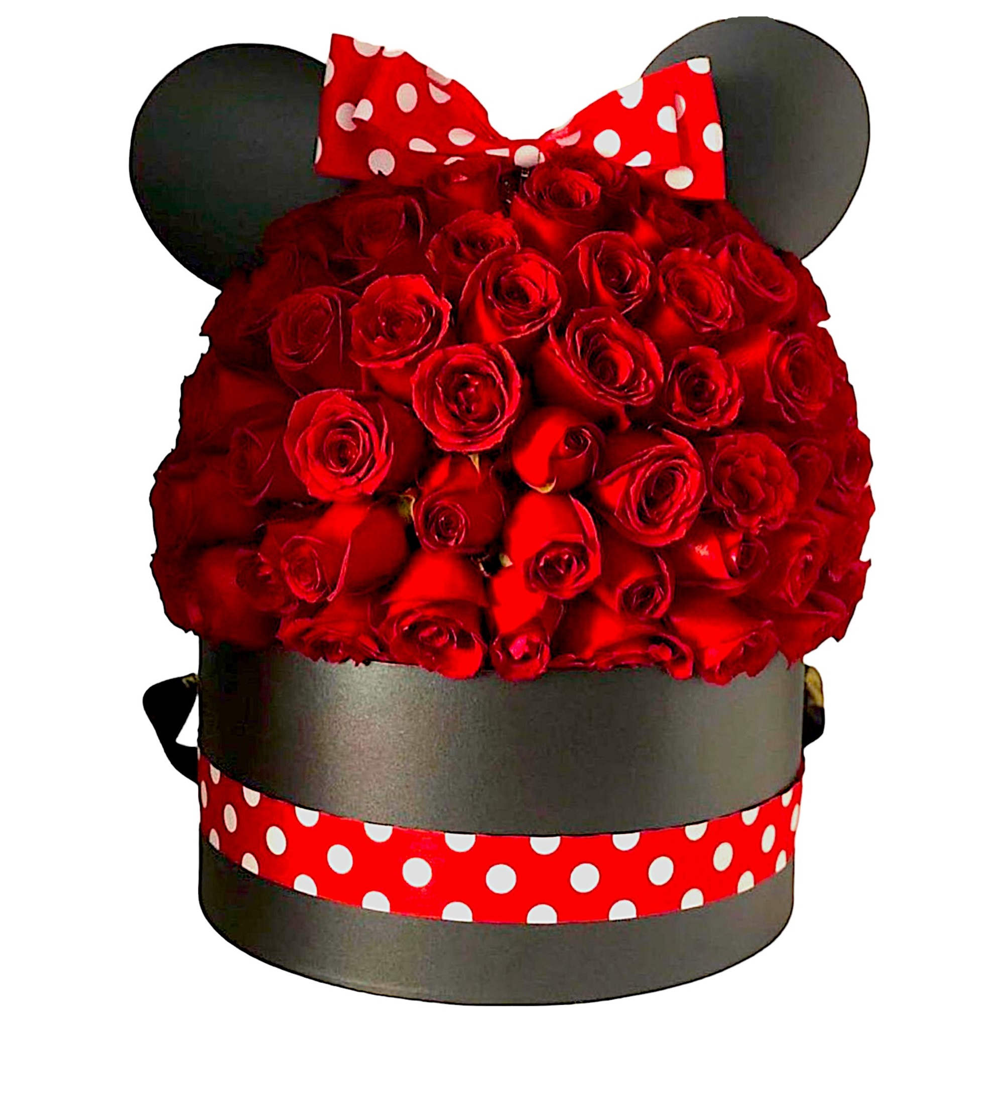 Red rose arrangement in a black Mickey Mouse-shaped box with a polka-dot bow
