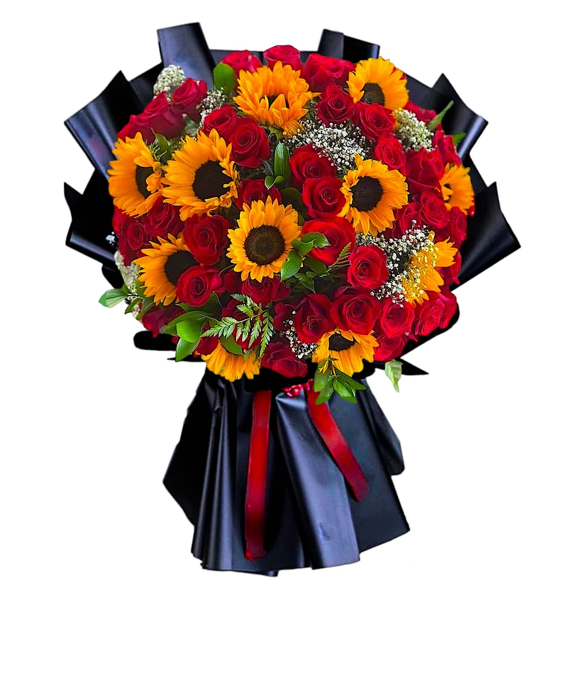 Bouquet of red roses and yellow sunflowers wrapped in black paper