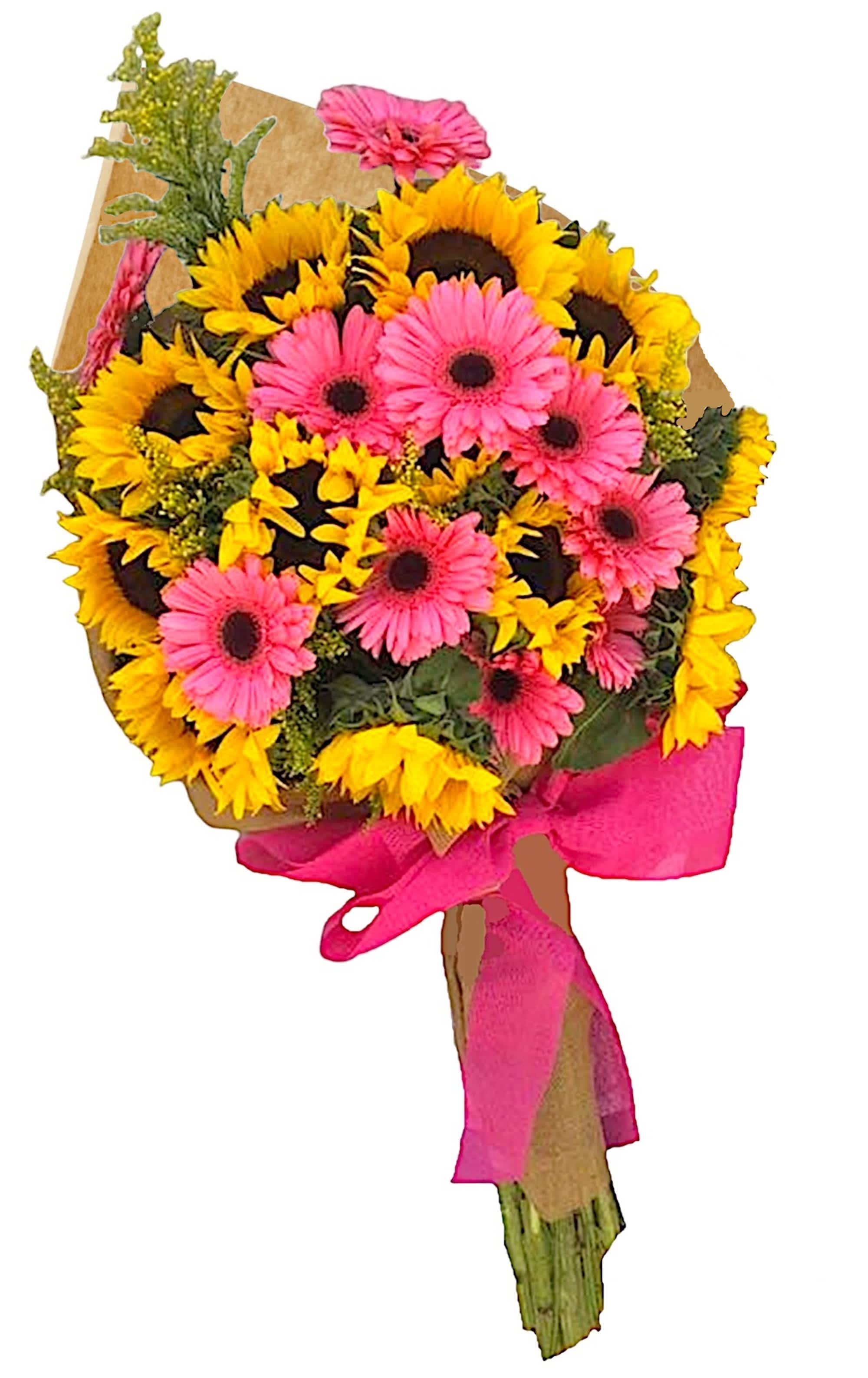 Bouquet of pink gerbera daisies and yellow sunflowers wrapped in brown paper with a pink ribbon
