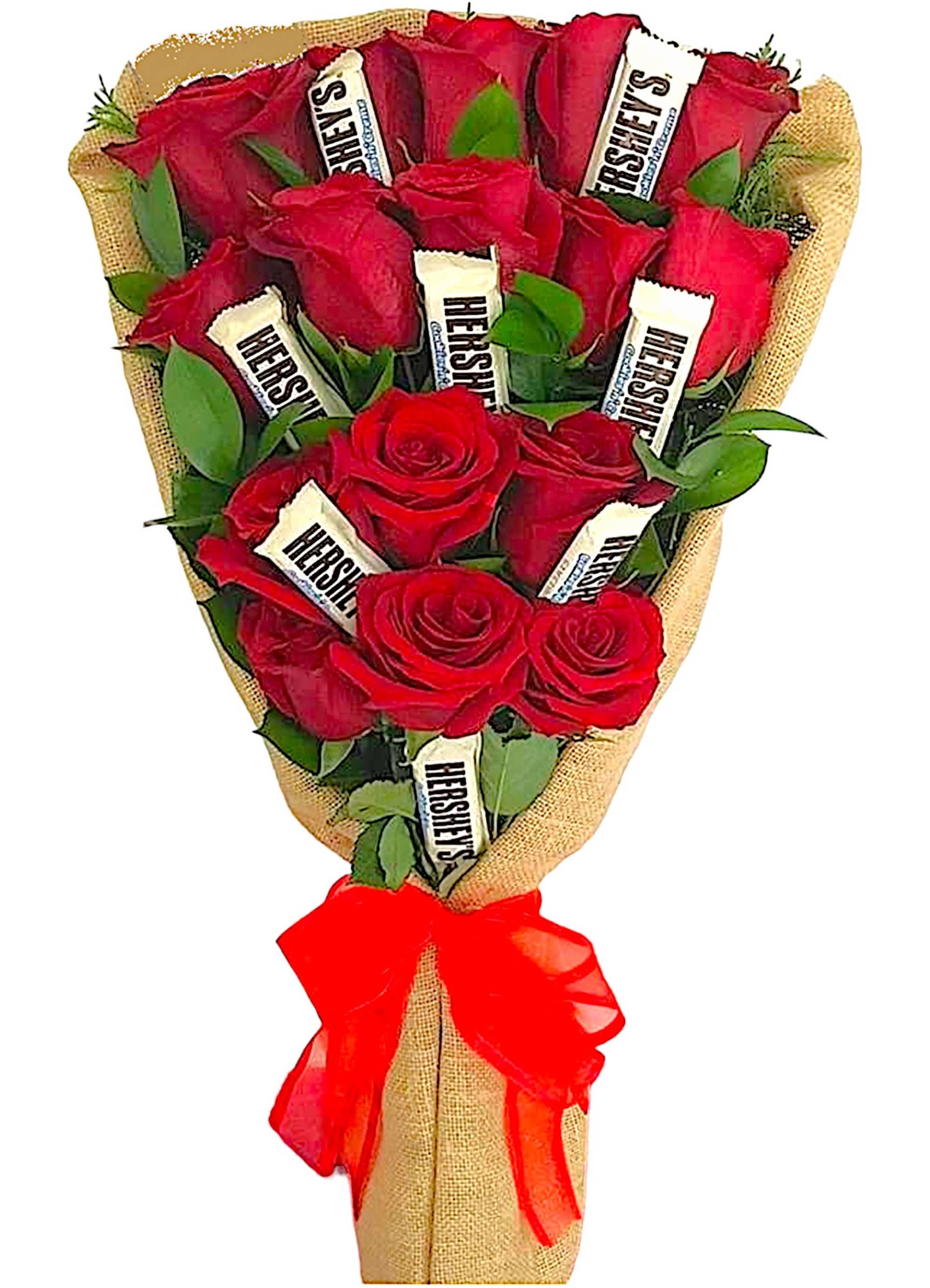 Bouquet of red roses wrapped in burlap with a red ribbon