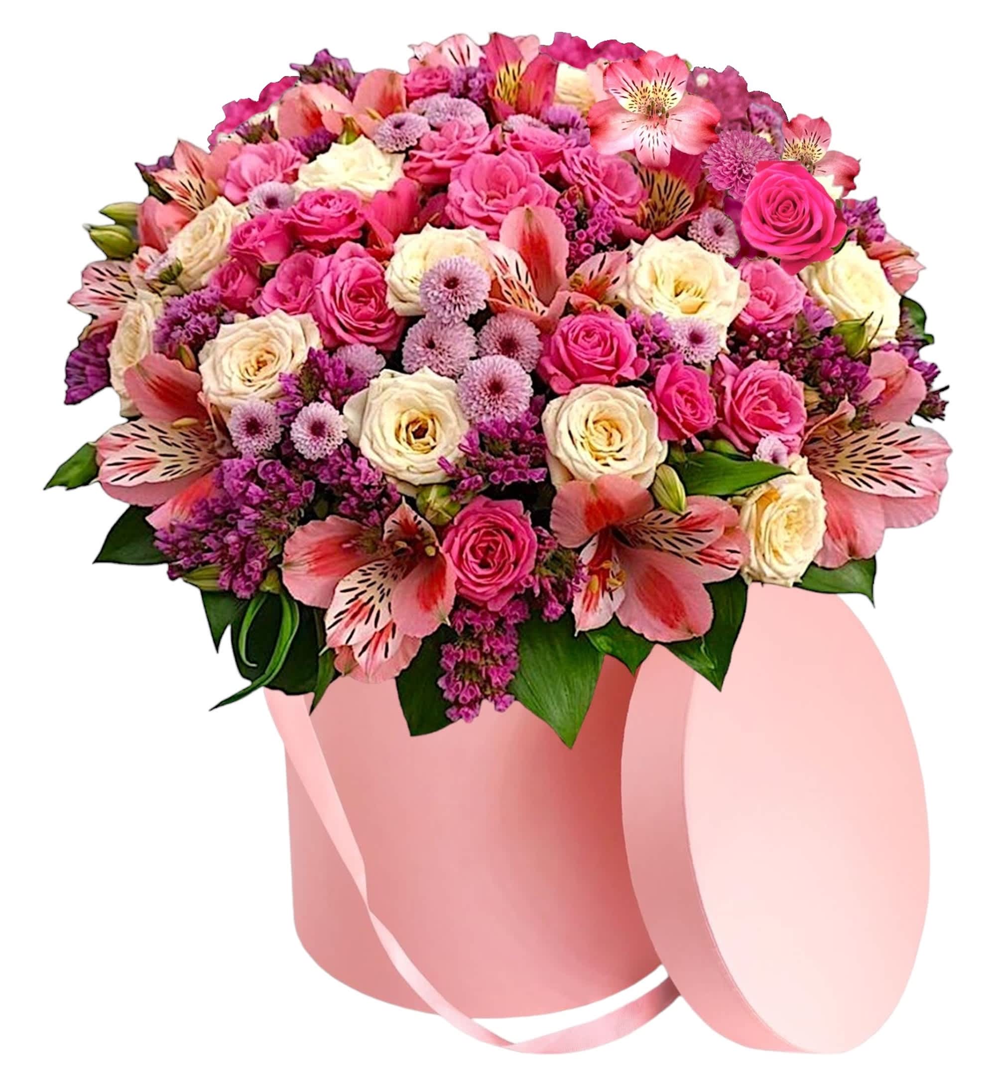 Pink and cream rose bouquet in a pink hat box