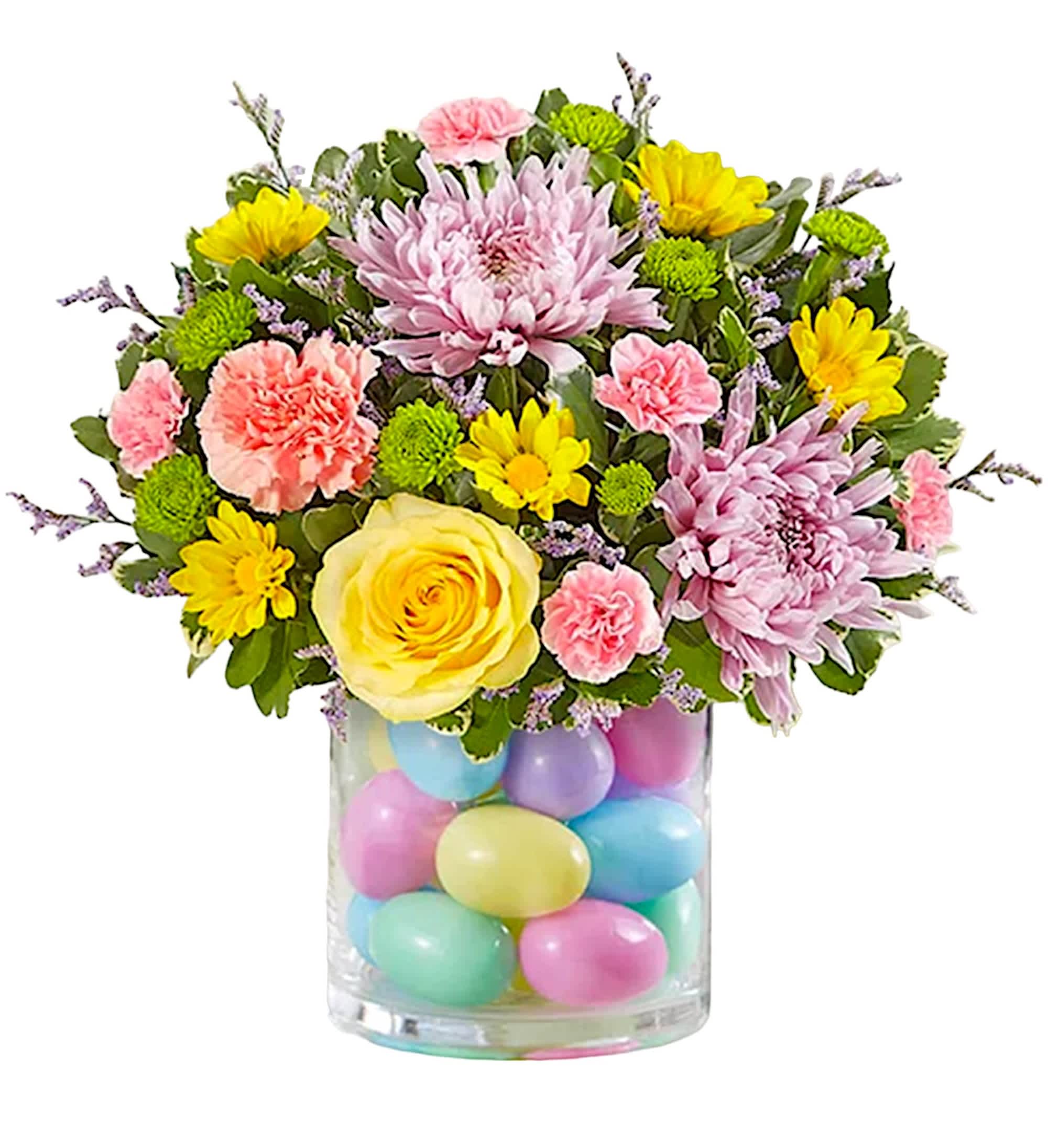 Mixed bouquet in a clear vase filled with pastel eggs