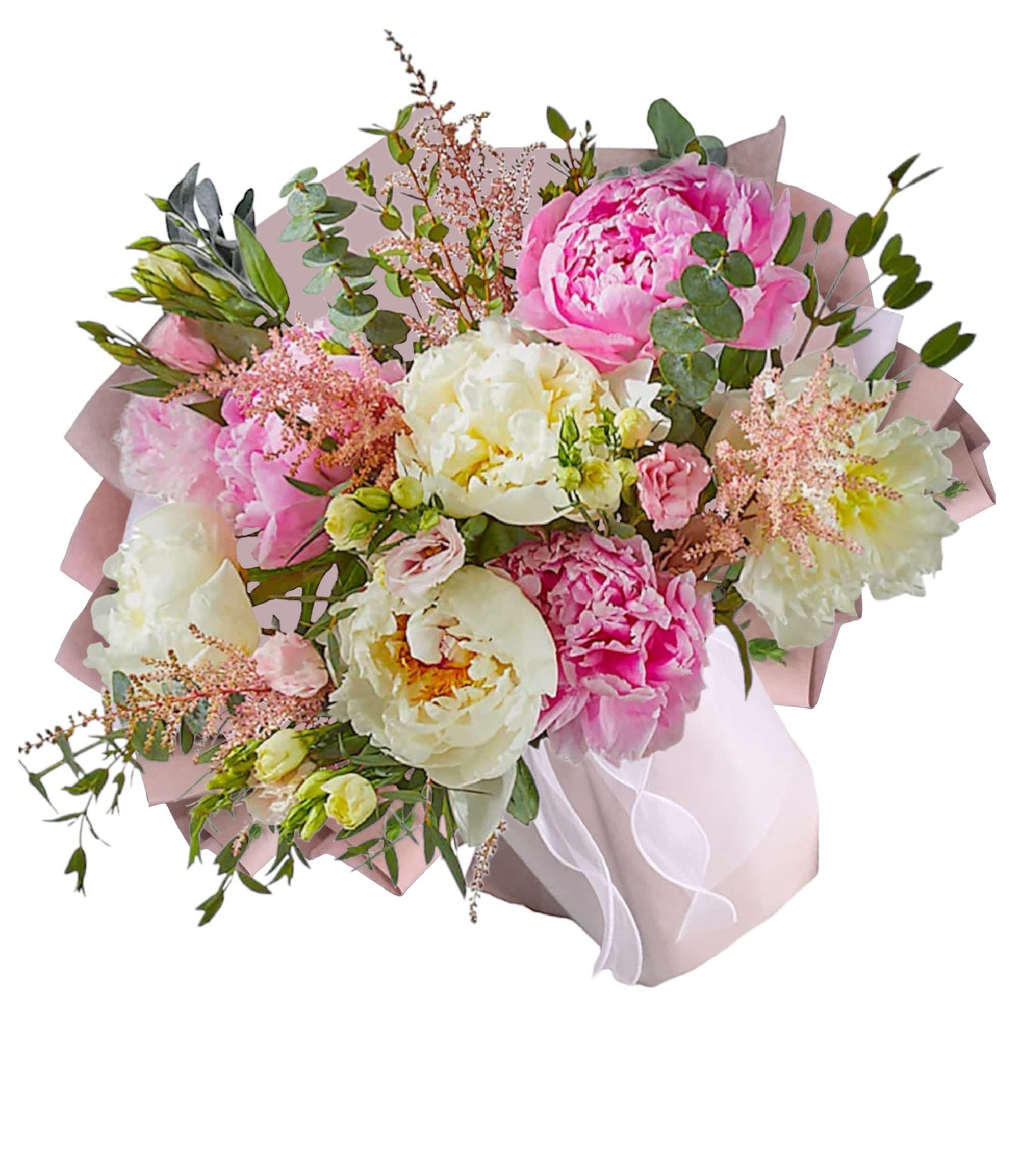 Pink and white peony bouquet with eucalyptus and pale wrapping