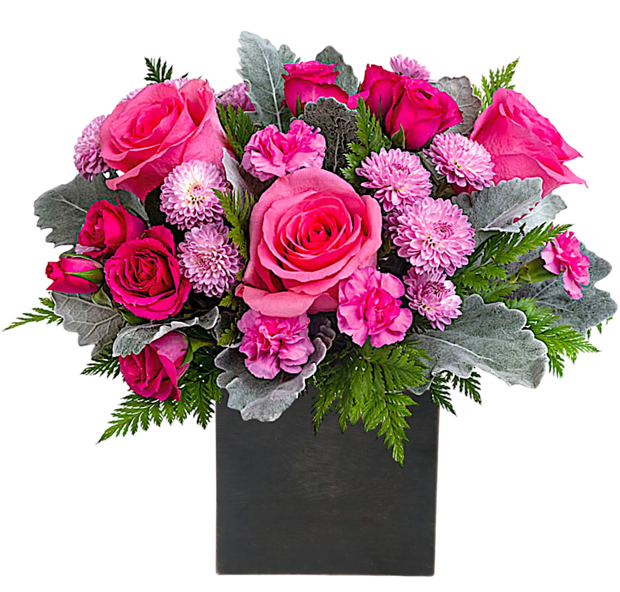 Pink roses and carnations in a black rectangular vase