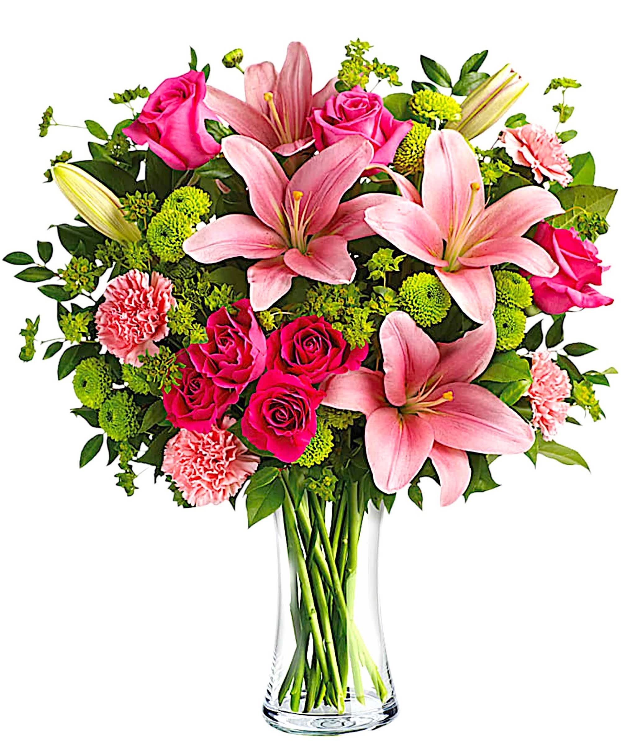 Pink lilies and roses in a clear glass vase