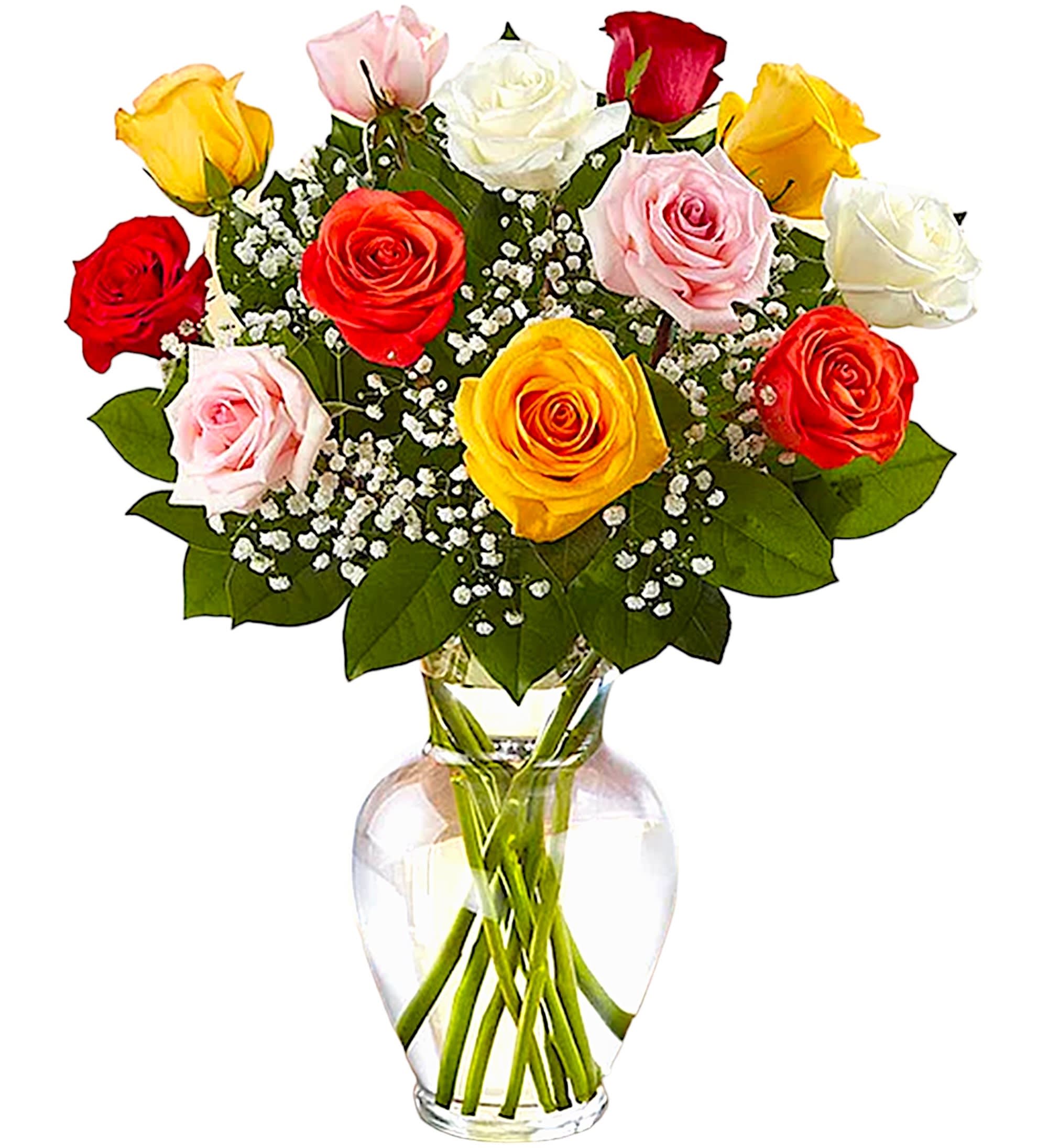 Rose Elegance Premium Long Stem Assorted Roses - Our assortment of long stem roses is an elegant surprise for someone who brings color to your world. Beautifully arranged by our expert florists with lush greenery inside a classic glass vase, 12, 18 or 24, vibrant blooms are hand-delivered and ready to delight the people you care about for big celebrations and every “just because” moment in between.  DETAILS Multicolor roses; accented with baby’s breath and assorted greenery.  VASE INCLUDED Orientation: All-Around Item #NF-339  FLORIST-TO-DOOR Same day flower delivery on most orders placed online by 12 pm or 10 am on weekends PST.  BLOOM DETAILS Roses Baby's Breath Greenery  The Standard Arrangement is approx. 22"H x 15"L. (12 Roses) The Deluxe Arrangement is approx. 22"H x 16"L. (18 Roses) The Premium Arrangement is approx. 23" H x 18" L. (24 Roses)  How to place an order? 1. You can place an order directly on this secure website OR 2. You can call in your order by dialing: (323) 262 - 9238 OR 3. You can visit our store (appointment recommended 323.262.9238)  NINFA'S FLOWERS 2405 WHITTIER BLVD. LOS ANGELES, CA. 90023  ATTENTION: *Please note that on busy holidays, Valentine's Day, and Mother's Day, we cannot verify if the recipient received the flowers until the following day. You can verify delivery on the website after 10:00 pm, call 323.262.9238 the following day after 10:00 am, or contact the recipient directly. Thank you for your patience and understanding.