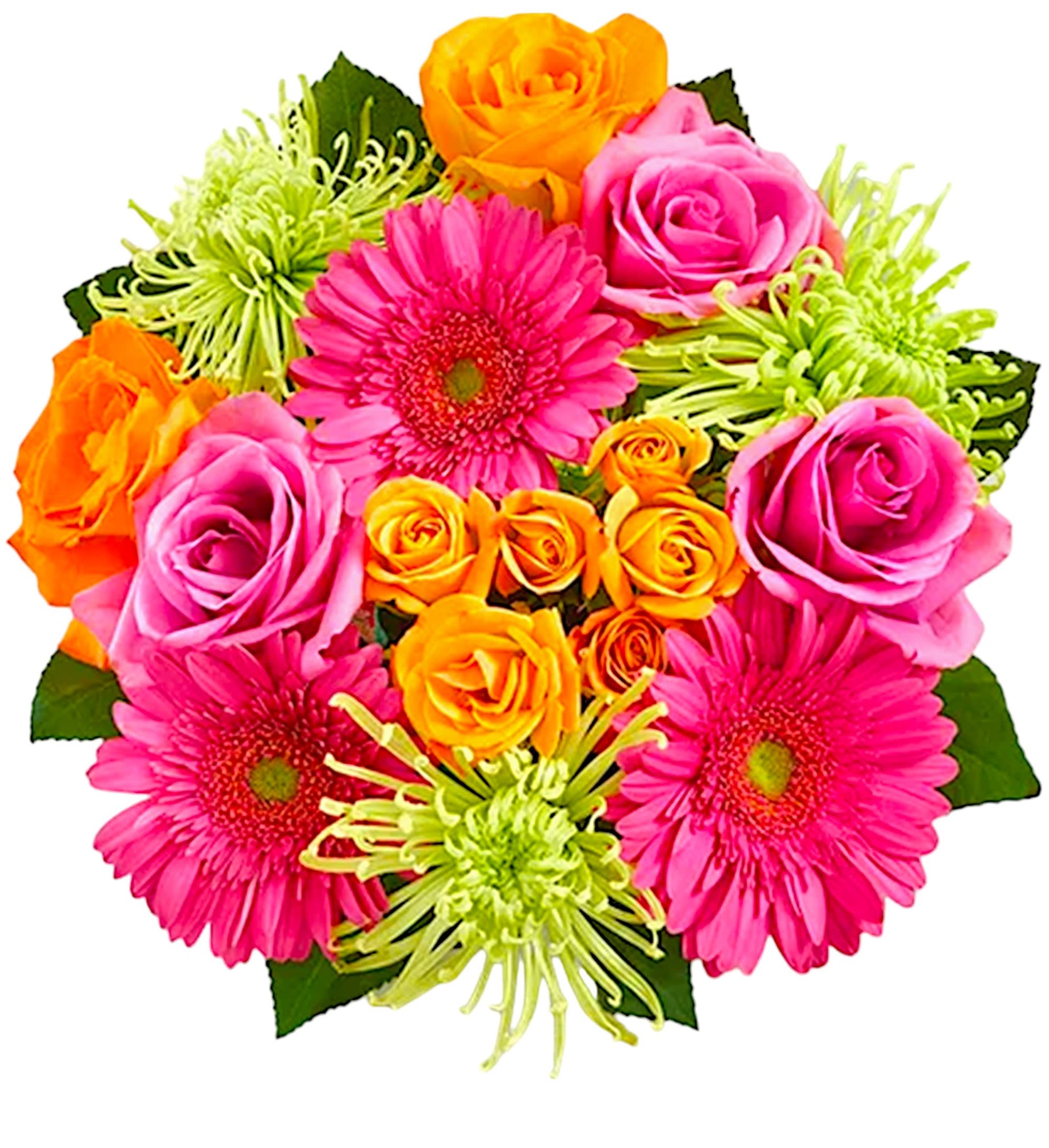 Bright bouquet of pink gerbera daisies and orange and pink roses