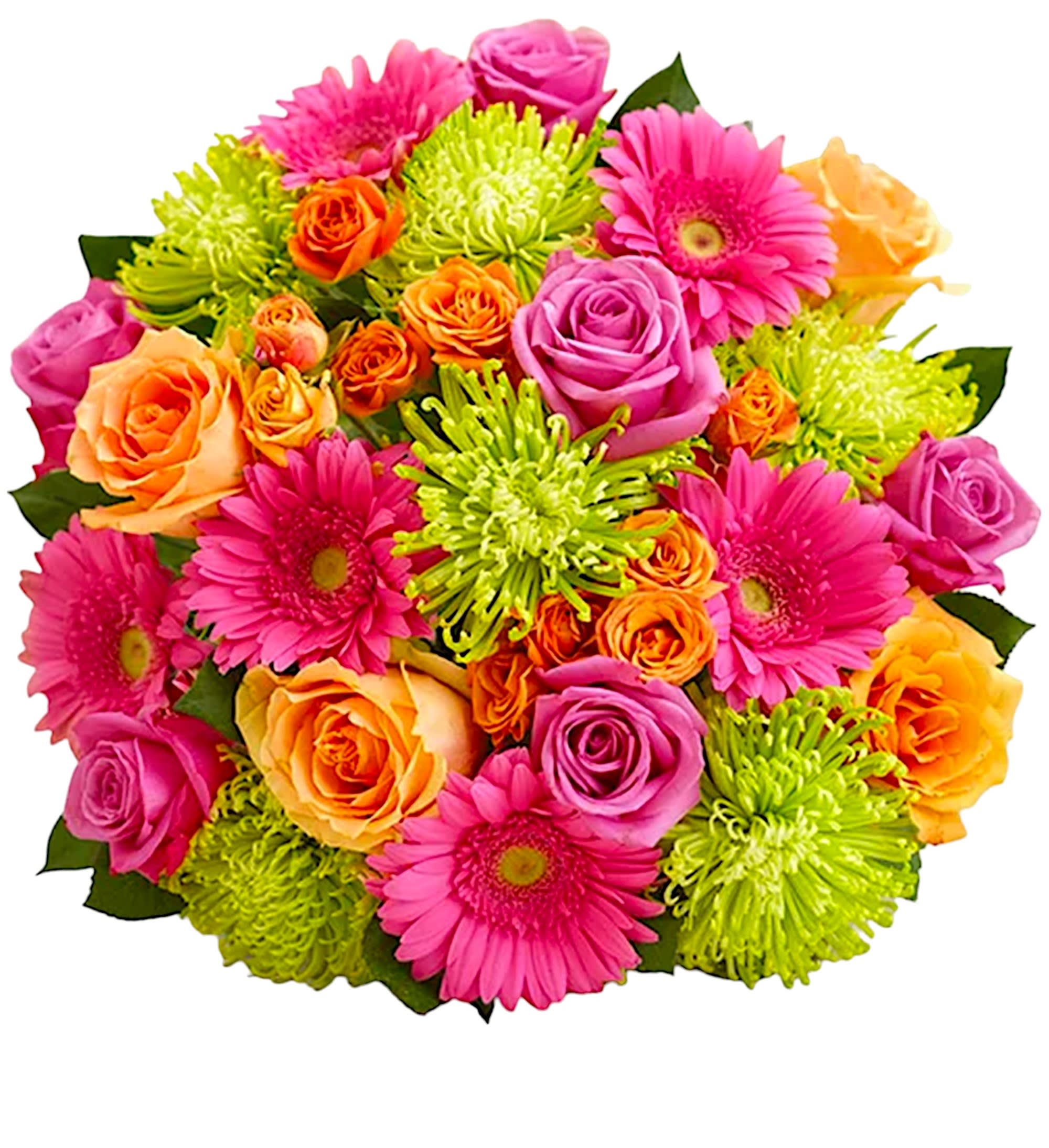 Bright mixed bouquet with pink gerberas, roses, and green chrysanthemums