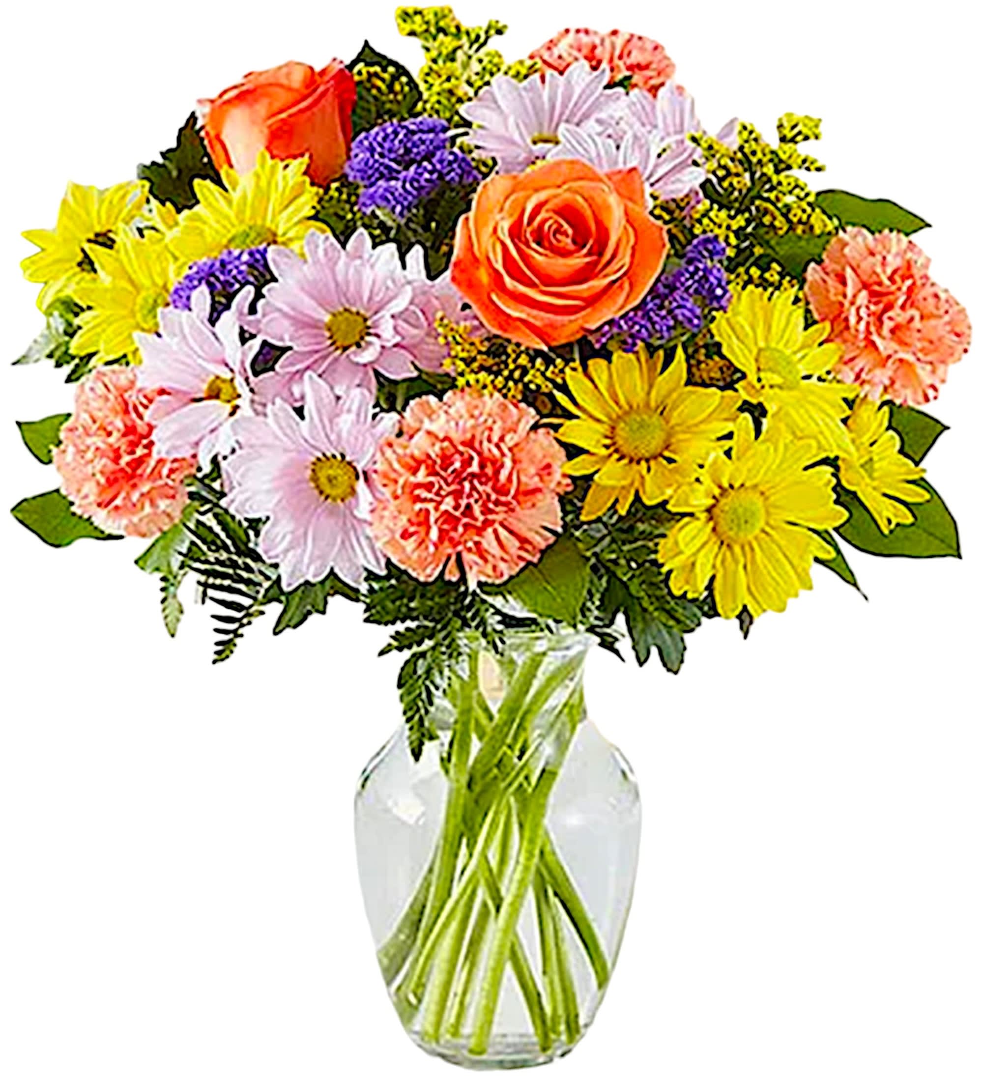 Mixed bouquet of roses, daisies, and carnations in a clear glass vase