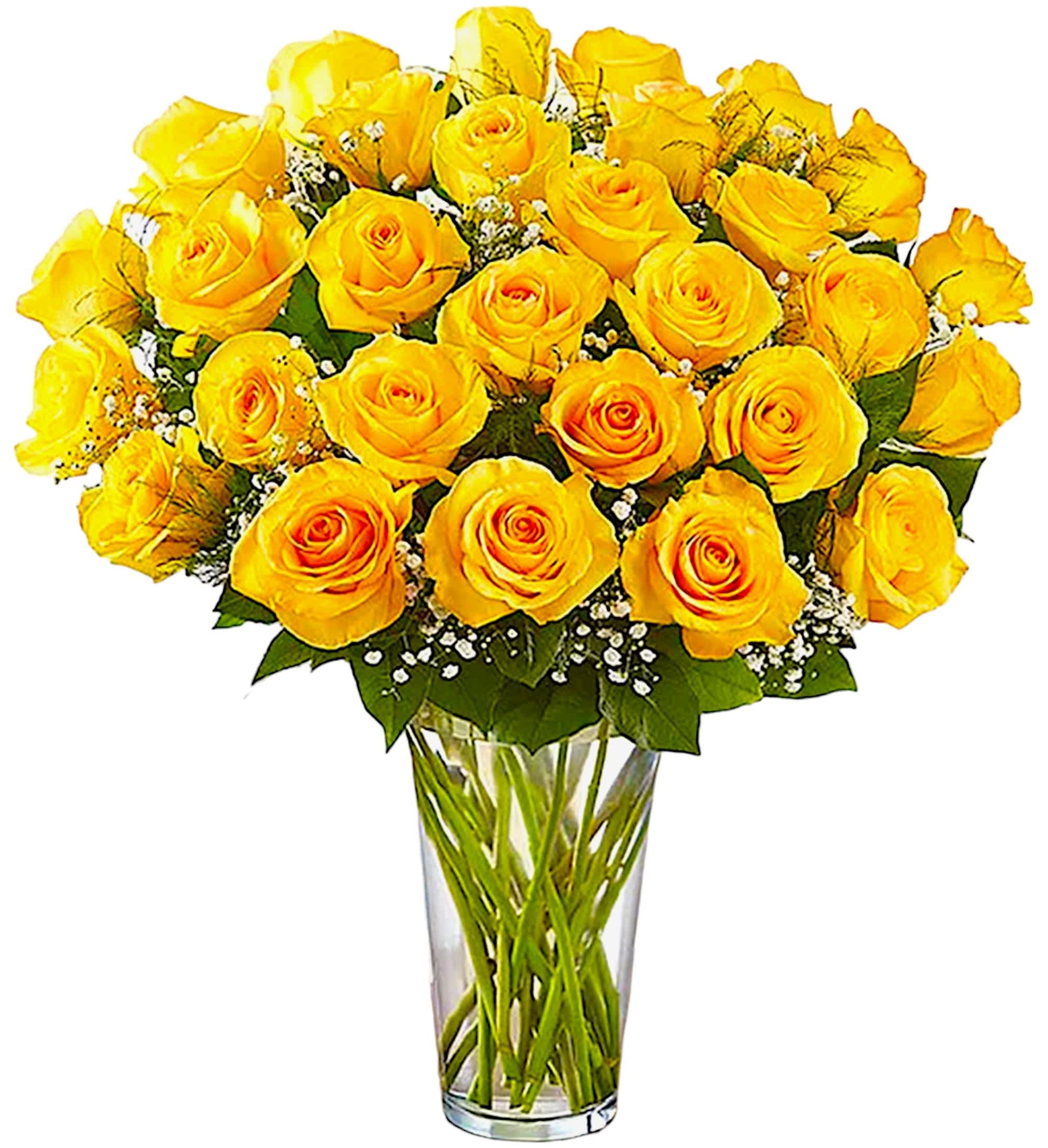 Bouquet of yellow roses in a clear glass vase