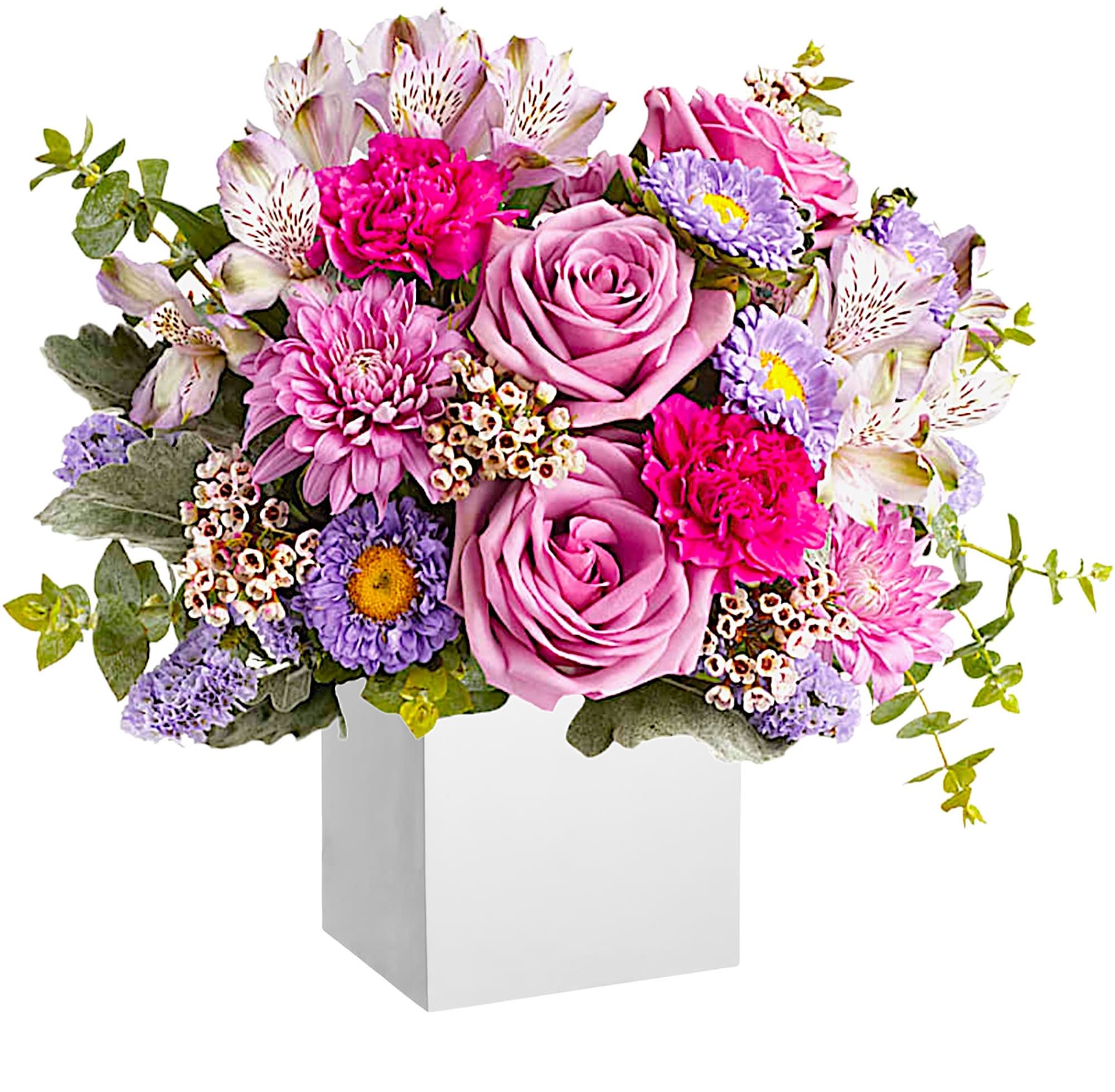 Pink and lavender mixed bouquet in a white box vase
