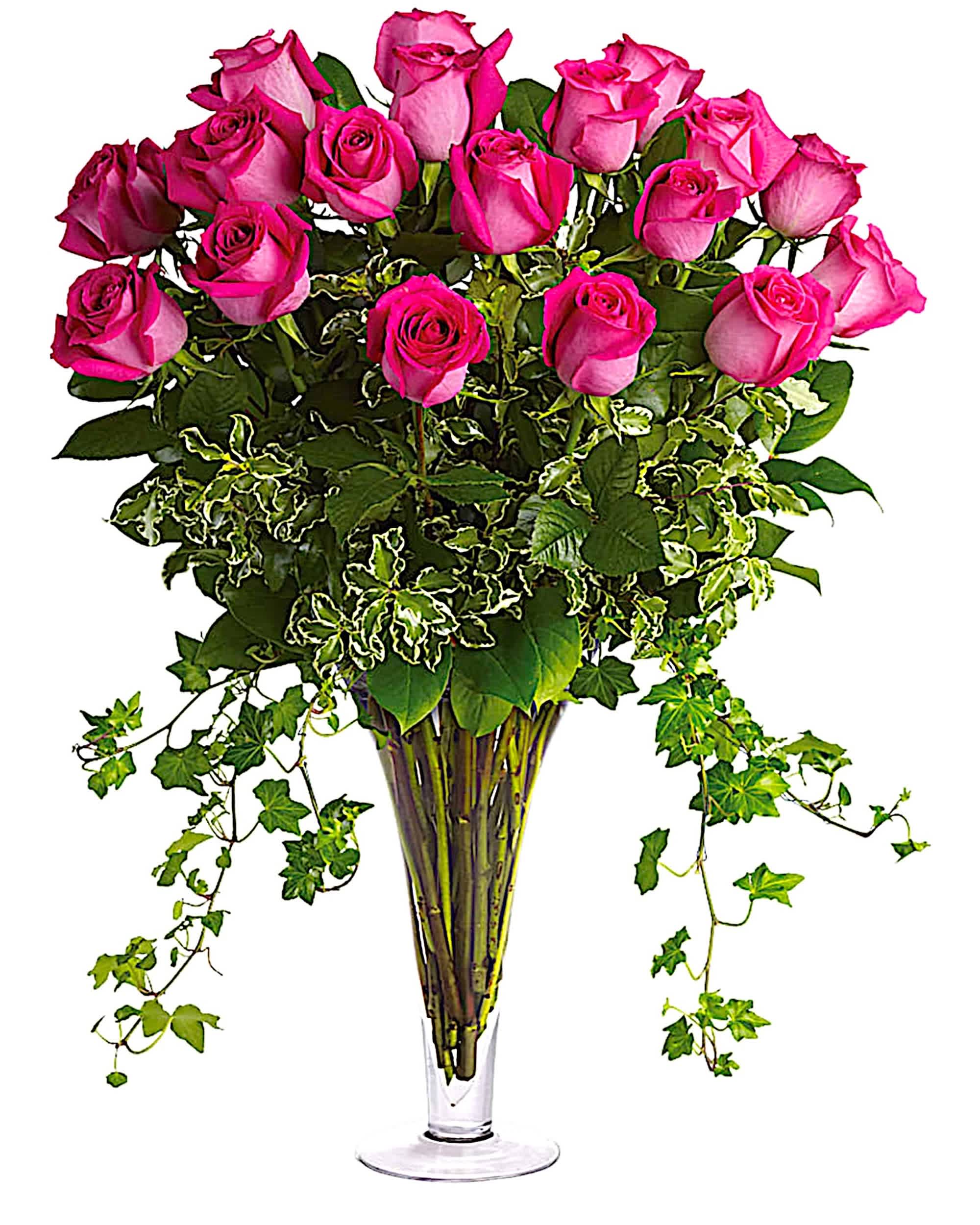 Pink roses arranged in a tall clear glass vase with trailing ivy
