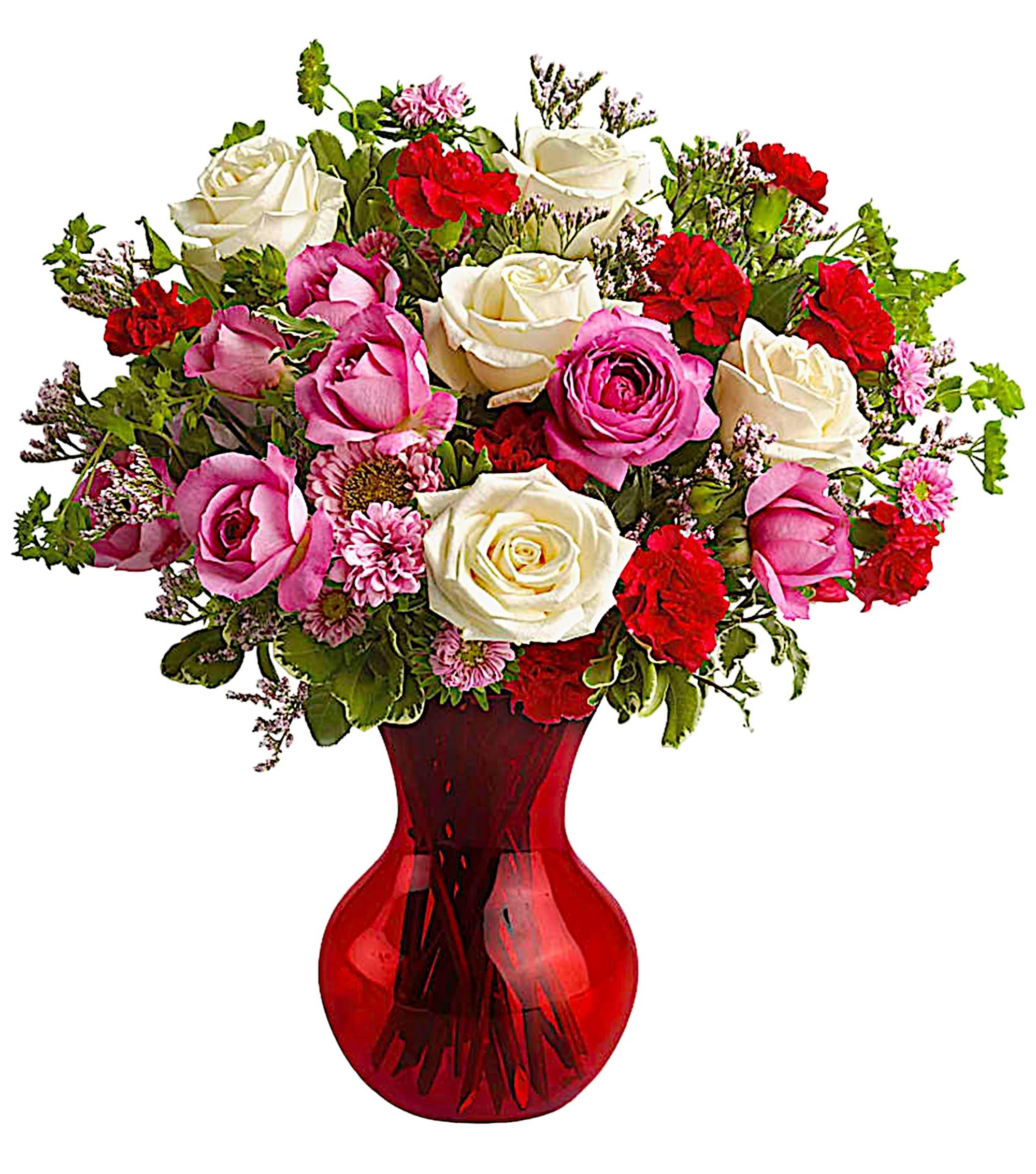 Mixed pink, white, and red roses in a red glass vase