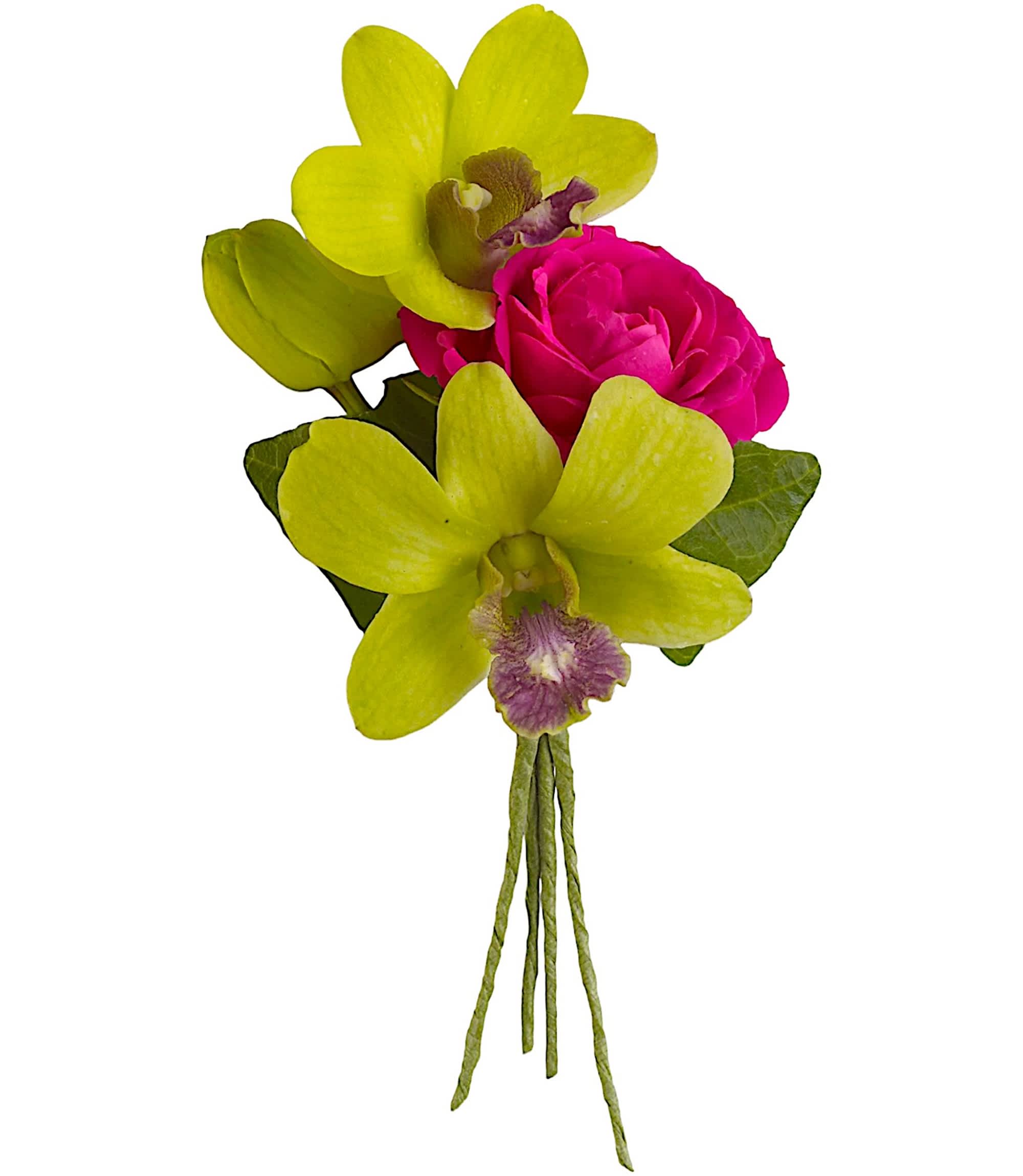 Small bouquet with yellow orchids and a pink rose