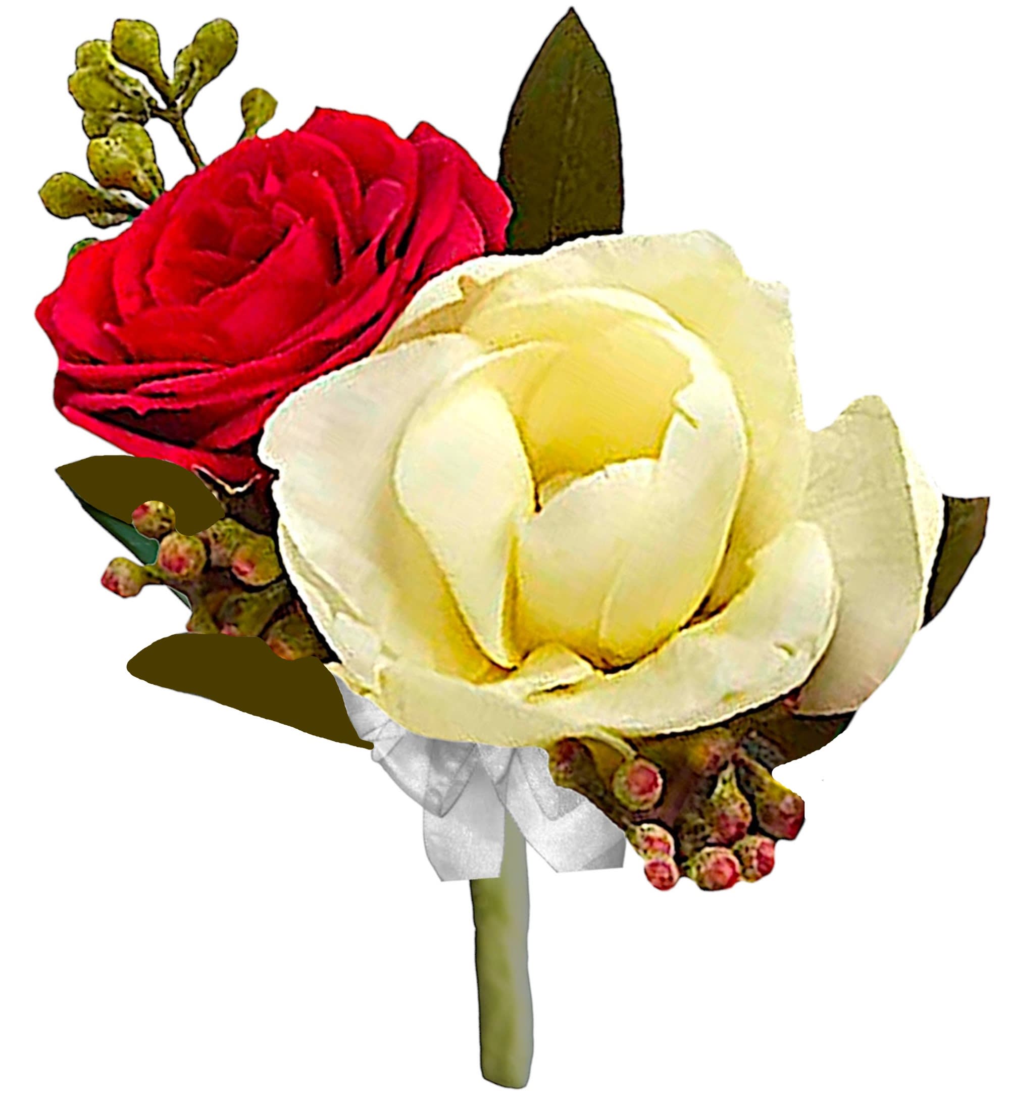 Red and white rose boutonniere with a white ribbon