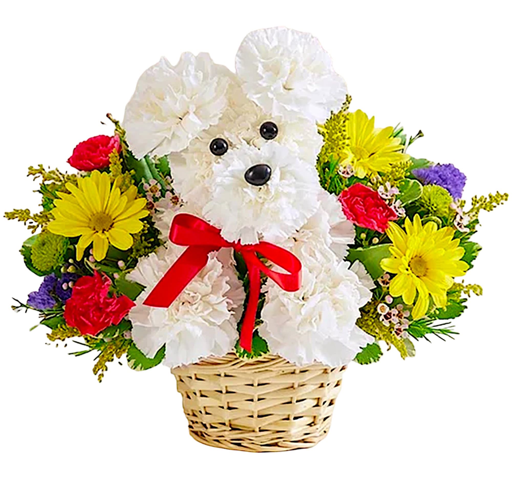 White teddy bear in a basket surrounded by colorful flowers