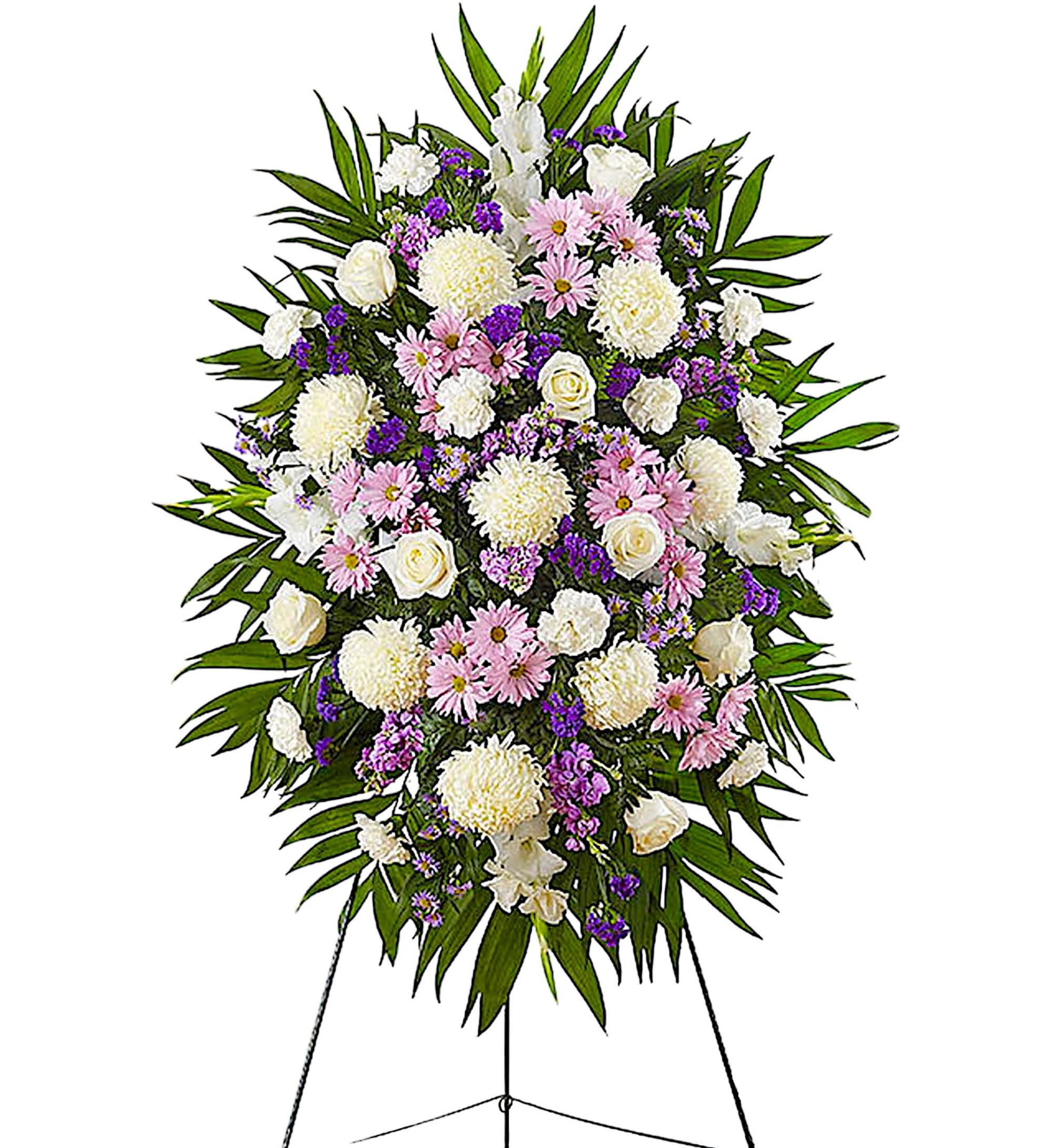 Standing floral spray with white, pink, and purple flowers