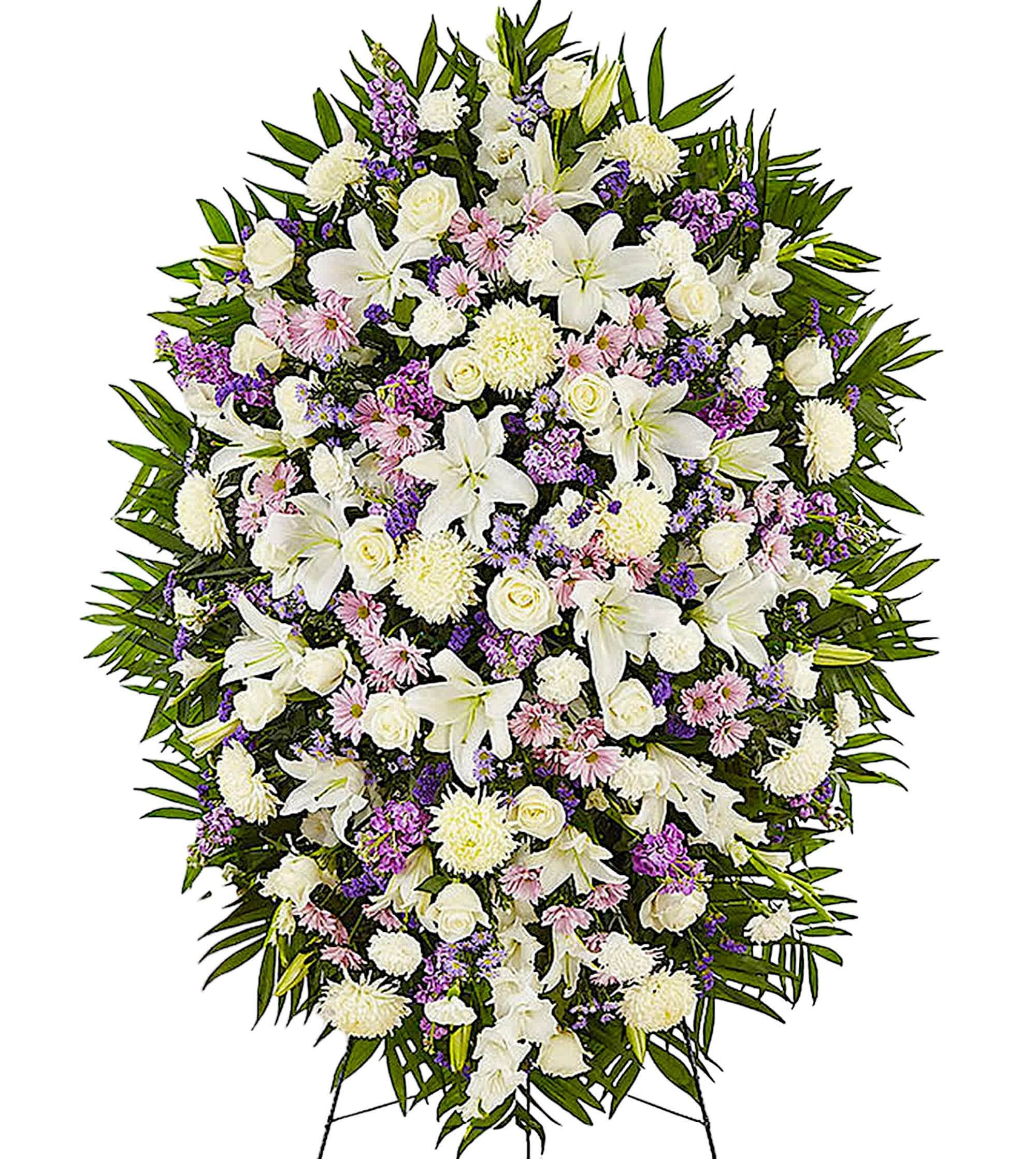Luxury Lavender and White Funeral Standing Spray - When words alone cannot convey the feelings in your heart, flowers can provide a meaningful and profound statement. Our impressive luxury standing spray arrangement is meticulously handcrafted with soothing lavender and white blooms for a lush, full presentation, presenting an elegant and memorable tribute. Appropriate for the funeral home, memorial service, or gravesite.  DETAILS Lavender daisy poms, stock, monte casino, white roses, oriental lilies, football mums, gladiola, carnations, purple statice, &amp; greenery.  EASEL INCLUDED Orientation: One-Sided *If you would like to add a ribbon with a sentiment for an additional $10 each. Item #NF-1133  FLORIST-TO-DOOR Same day flower delivery on most orders placed online by 12 pm or 10 am on weekends PST.  BLOOM DETAILS Roses Football-Mums Gladiolas Daisy-Mums Stock Carnations Asiatic Lilies Monte-Casino Filler Statice Filler Greenery  The Standard Arrangement is approx. 60"H x 40"L without stand The Deluxe Arrangement is approx. 64"H x 42"L without stand The Premium Arrangement is approx. 68"H x 44"L without stand  INSTRUCTIONS: 1.) Please have the business name of the funeral home, address &amp; phone number. 2.) Please have the first name &amp; last name of the deceased. 3.) Please have the start time of the services. 4.) If you would like for us to write a brief message on a small business card-size note, please have your message ready.  NINFA'S FLOWERS 2405 WHITTIER BLVD. LOS ANGELES, CA. 90023