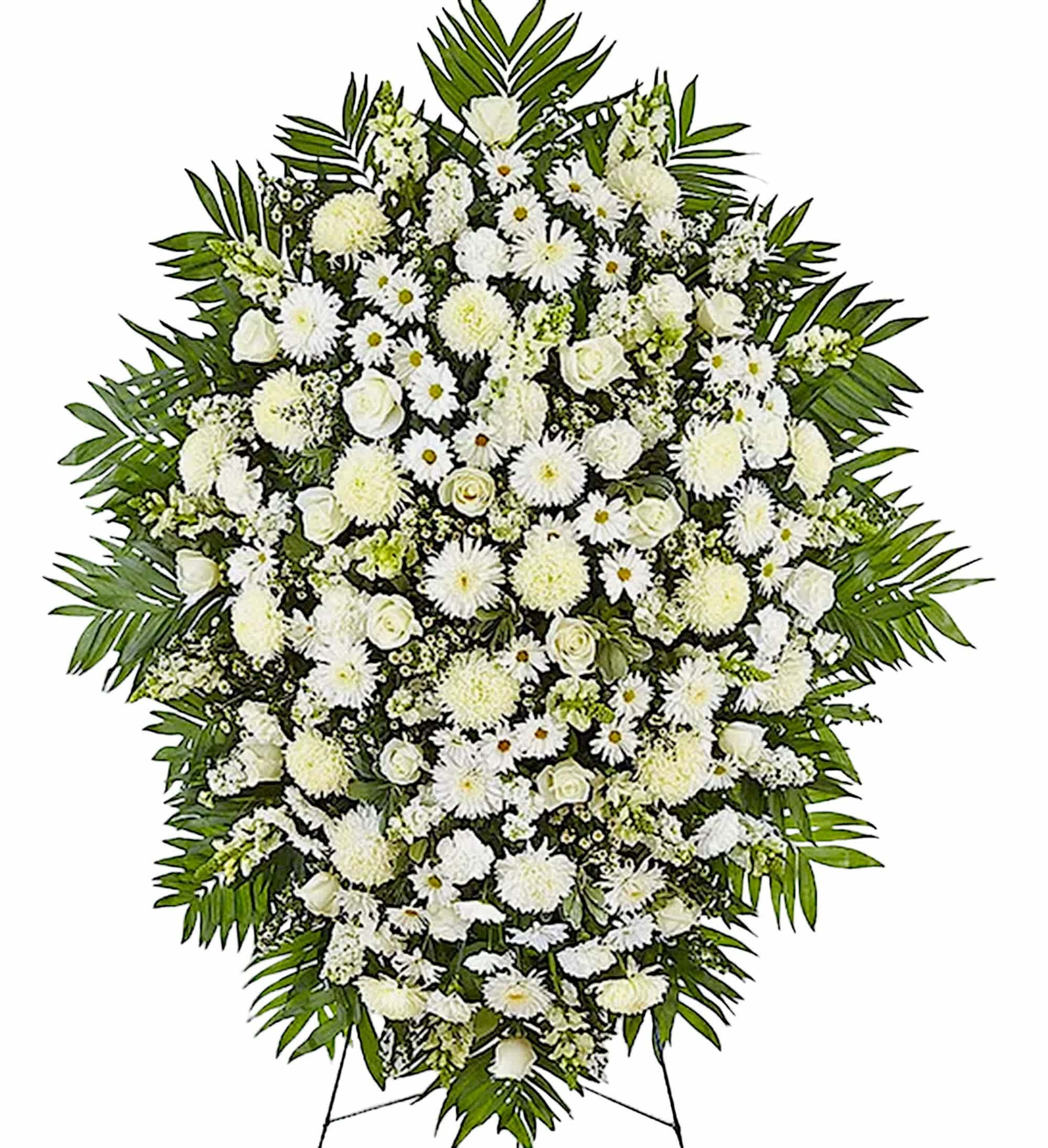 White funeral spray with daisies and roses on a stand
