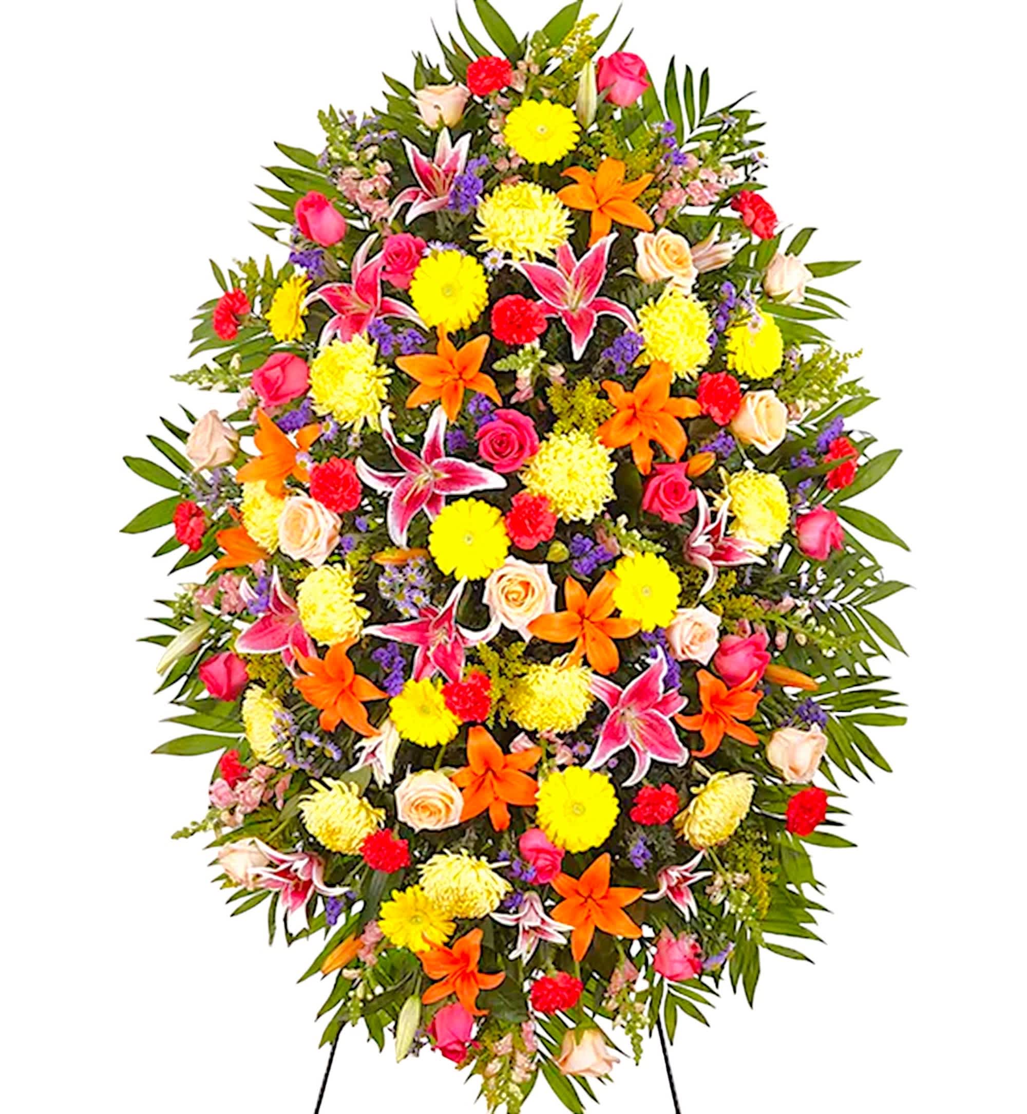 Large standing floral spray with bright mixed flowers on a white background