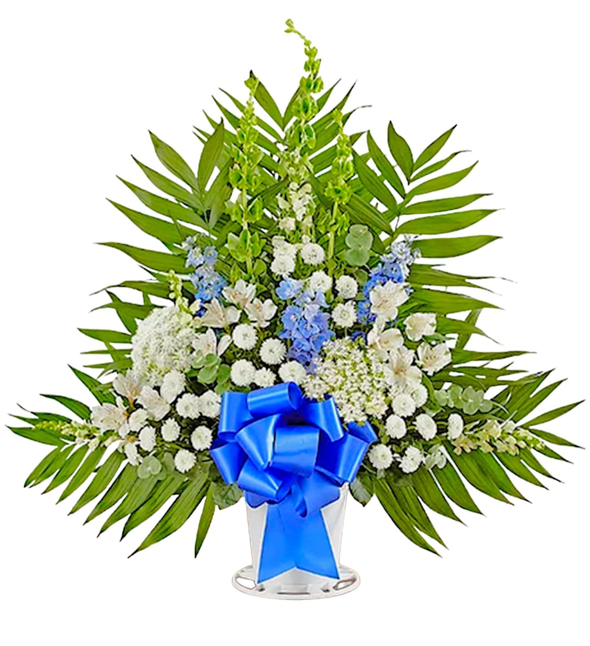 White and blue floral standing spray with a blue ribbon
