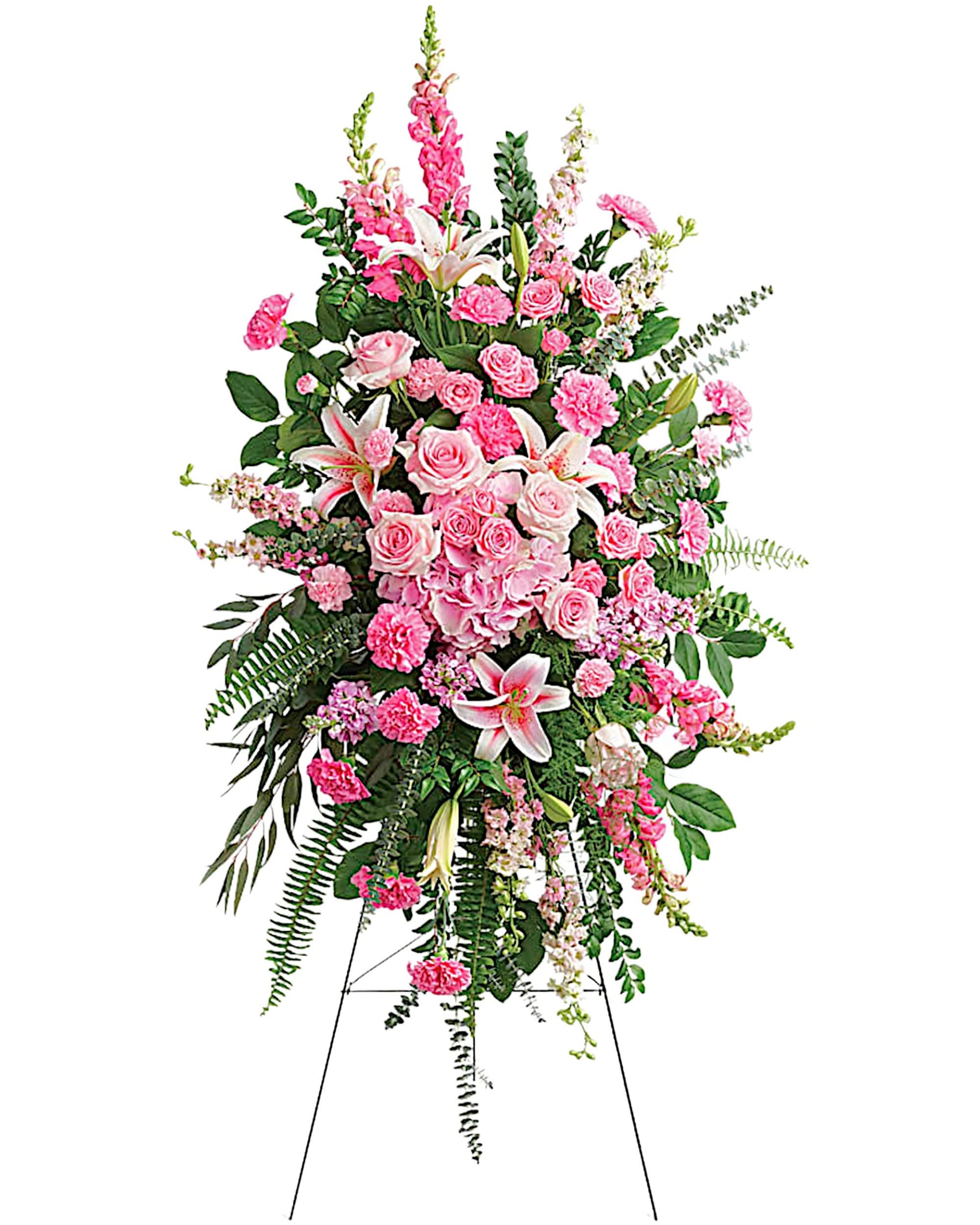 Tall pink floral standing spray on an easel