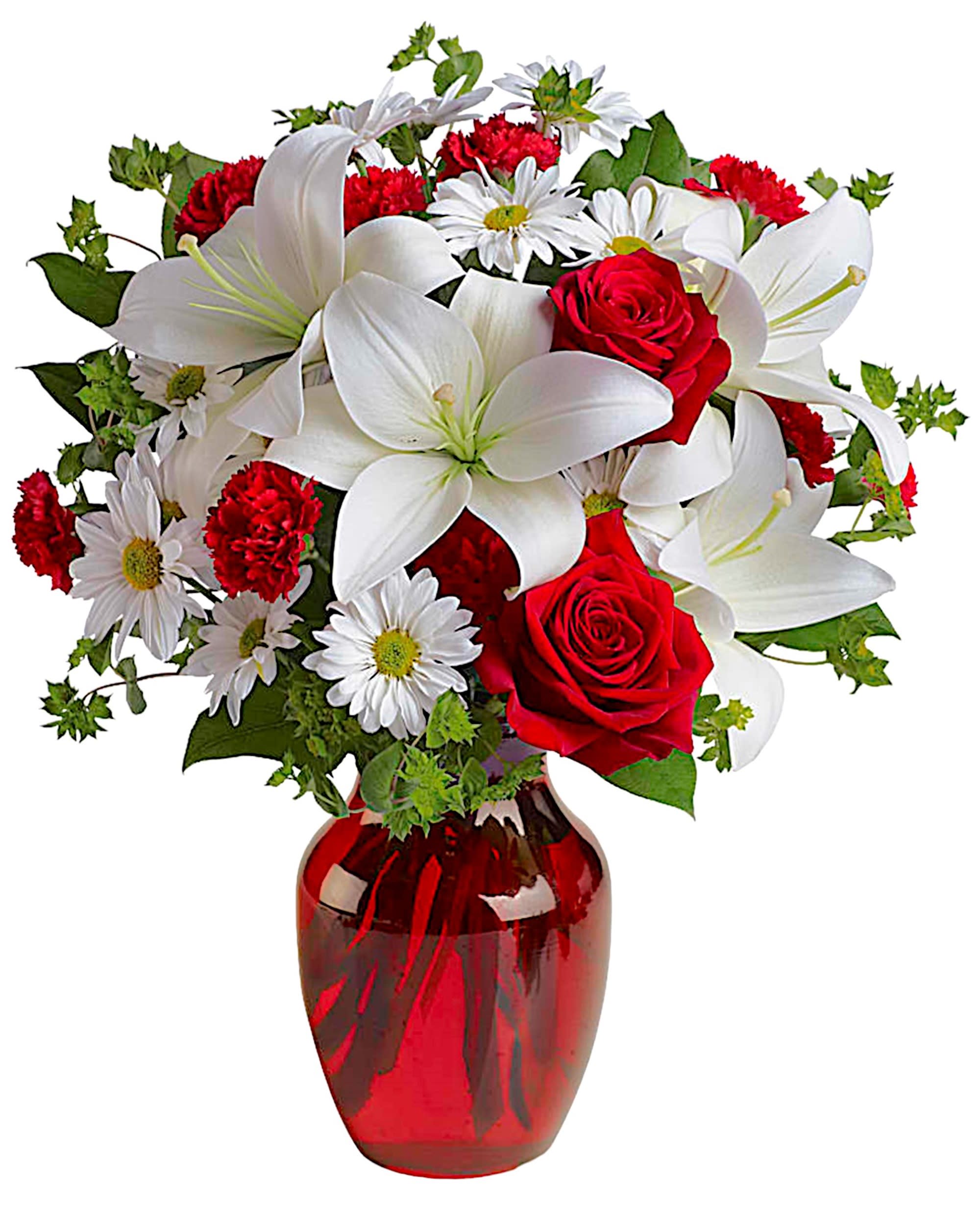 Red roses and white lilies in a red glass vase