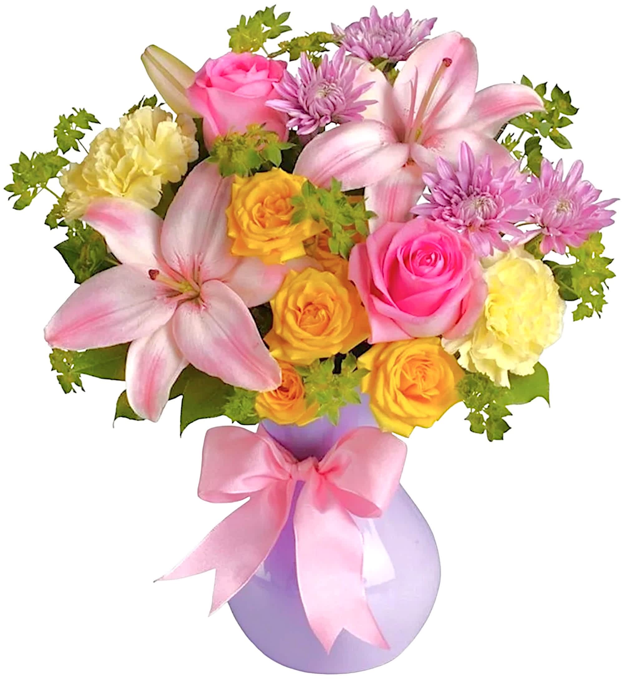Pink and yellow mixed bouquet in a lavender vase with a pink ribbon