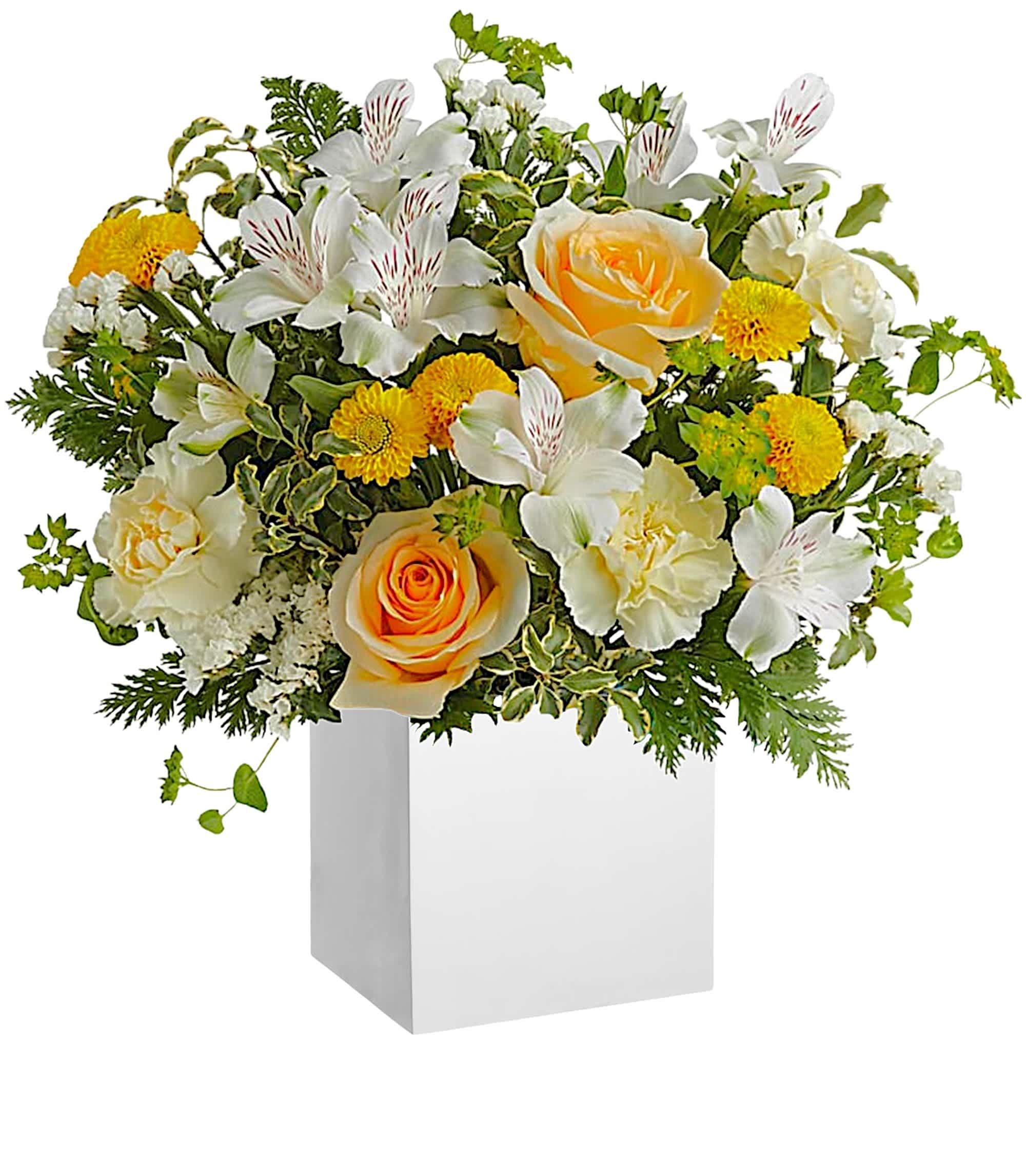 Adored - Everyone adores this stunning springtime surprise, with its fresh white and yellow blooms, arranged in an eco-friendly wooden box!  DETAILS This arrangement features yellow roses, white alstroemeria, peach carnations, yellow button spray chrysanthemums, white sinuata statice, bupleurum, pitta Negra and leatherleaf fern.   WOOD BOX INCLUDED Orientation: All-Around Item #NF-43  FLORIST-TO-DOOR Same day flower delivery on most orders placed online by 12 pm or 10 am on weekends PST.  BLOOM DETAILS Roses Button Mums Alstroemerias Carnations Bupleurum Statice Filler Greenery  The Standard Arrangement is approx. 13 1/4" H x 14 1/4" W. The Deluxe Arrangement is approx. 13 1/4" H x 15 1/4" W. The Premium Arrangement is approx. 14" H x 15 1/4" W.  How to place an order?  1. You can place an order directly on this secure website. OR 2. You can call in your order by dialing: (323) 262 - 9238. OR 3. You can visit our store (appointment recommended 323.262.9238)  NINFA'S FLOWERS 2405 WHITTIER BLVD. LOS ANGELES, CA. 90023  ATTENTION: *Please note that on busy holidays, Valentine's Day, and Mother's Day, we cannot verify if the recipient received the flowers until the following day. You can verify delivery on the website after 10:00 pm, call 323.262.9238 the following day after 10:00 am, or contact the recipient directly. Thank you for your patience and understanding.