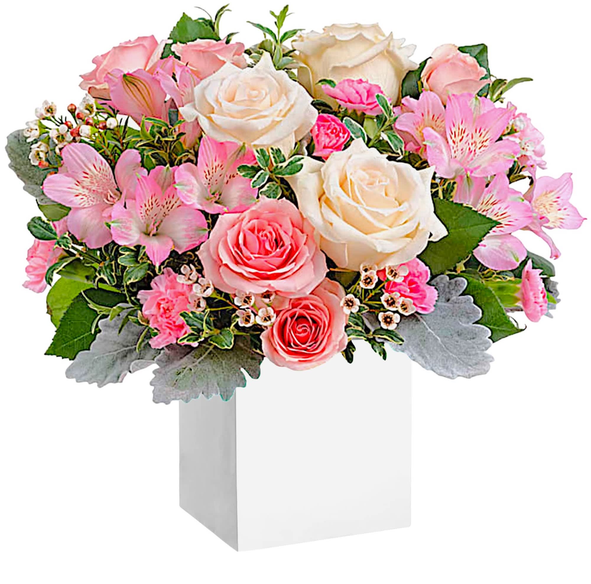 Be The Moment - Make any moment magical with this breathtaking bevy of roses, presented to perfection in a chic white cube wooden box.  DETAILS Crème roses, pink spray roses, pink alstroemeria and miniature pink carnations are arranged with white waxflower, dusty miller and oregonia.  WOODEN BOX INCLUDED Orientation: All-Around Item #NF-97  FLORIST-TO-DOOR Same day flower delivery on most orders placed online by 12 pm or 10 am on weekends in the recipient's time zone.  BLOOM DETAILS Roses Spray Roses Mini-Carnations Alstroemerias Greenery  The Standard Arrangement is approx. 11 3/4" H x 12 3/4" W. The Deluxe Arrangement is approx. 12 1/2" H x 13 1/2" W. The Premium Arrangement is approx. 12 1/2" H x 14" W.  How to place an order?  1. You can place an order directly on this secure website OR 2. You can call in your order by dialing: (323) 262 - 9238 OR 3. You can visit our store (appointment recommended 323.262.9238)  NINFA'S FLOWERS 2405 WHITTIER BLVD. LOS ANGELES, CA. 90023  ATTENTION: *Please note that on busy holidays, Valentine's Day, and Mother's Day, we cannot verify if the recipient received the flowers until the following day. You can verify delivery on the website after 10:00 pm, call 323.262.9238 the following day after 10:00 am, or contact the recipient directly. Thank you for your patience and understanding.