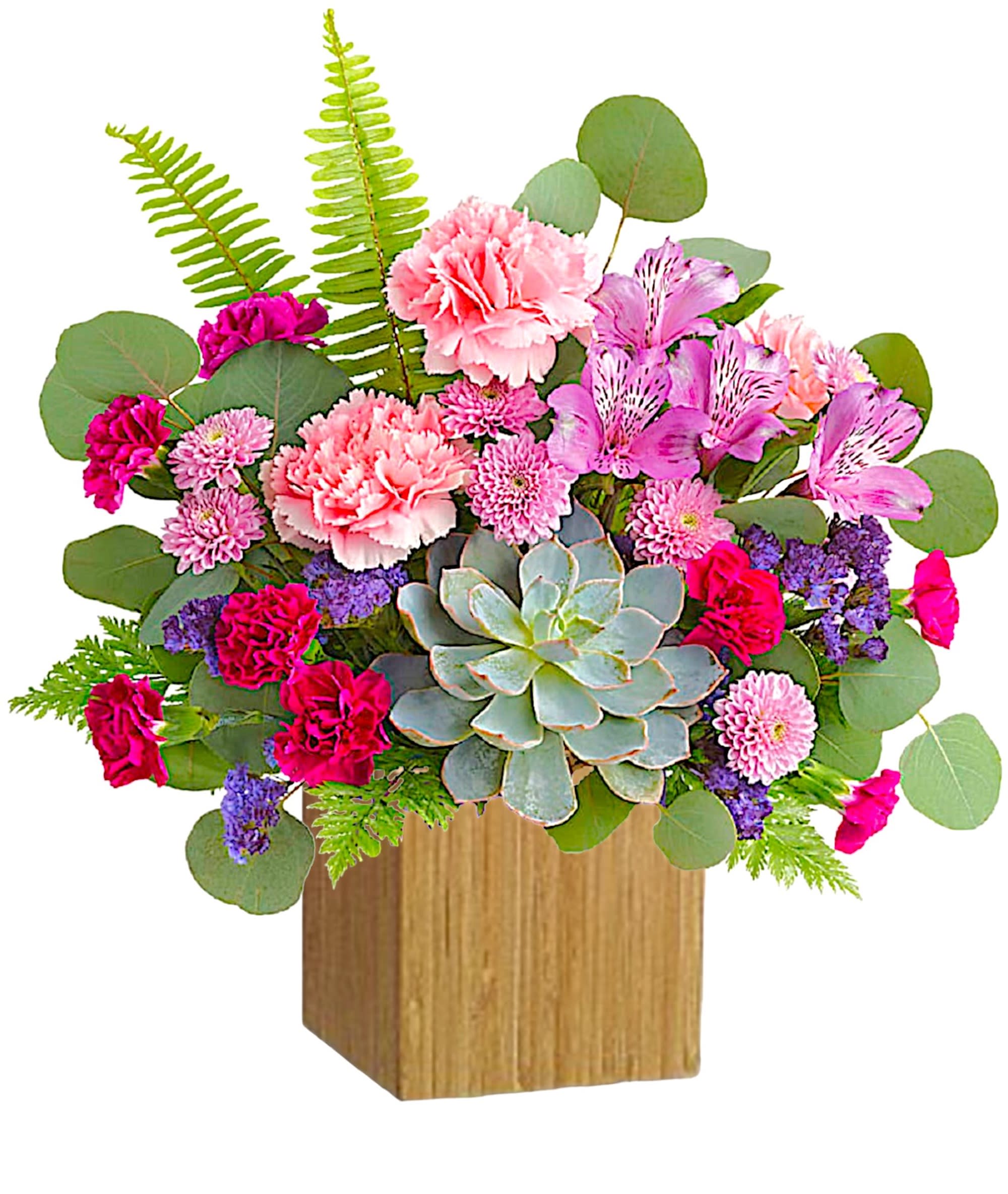 Bedazzling Beauty Flower Arrangement - This magnificent modern flower arrangement with fabulous pink and purple blooms is a dazzling way to celebrate someone truly special!  DETAILS Purple alstroemeria, pink carnations, miniature purple carnations, lavender button spray chrysanthemums, and purple sinuata statice are arranged with sword fern, leatherleaf fern, and silver dollar eucalyptus.   WOOD BOX INCLUDED Orientation: All-Around Item #NF-109  FLORIST-TO-DOOR Same day flower delivery on most orders placed online by 12 pm or 10 am on weekends PST.  BLOOM DETAILS Carnations Mini-Carnations Alstroemeria Mums Echeveria Succulent Statice Filler Greenery  The Standard Arrangement is approx. 15" H x 14" W. (Does Not Include Roses) The Deluxe Arrangement is approx. 15" H x 14 1/2" W. The Premium Arrangement is approx. 15" H x 15 3/4" W.  How to place an order?  1. You can place an order directly on this secure website. OR 2. You can call in your order by dialing: (323) 262 - 9238. OR 3. You can visit our store (appointment recommended 323.262.9238)  NINFA'S FLOWERS 2405 WHITTIER BLVD. LOS ANGELES, CA. 90023  ATTENTION: *Please note that on busy holidays, Valentine's Day, and Mother's Day, we cannot verify if the recipient received the flowers until the following day. You can verify delivery on the website after 10:00 pm, call 323.262.9238 the following day after 10:00 am, or contact the recipient directly. Thank you for your patience and understanding.